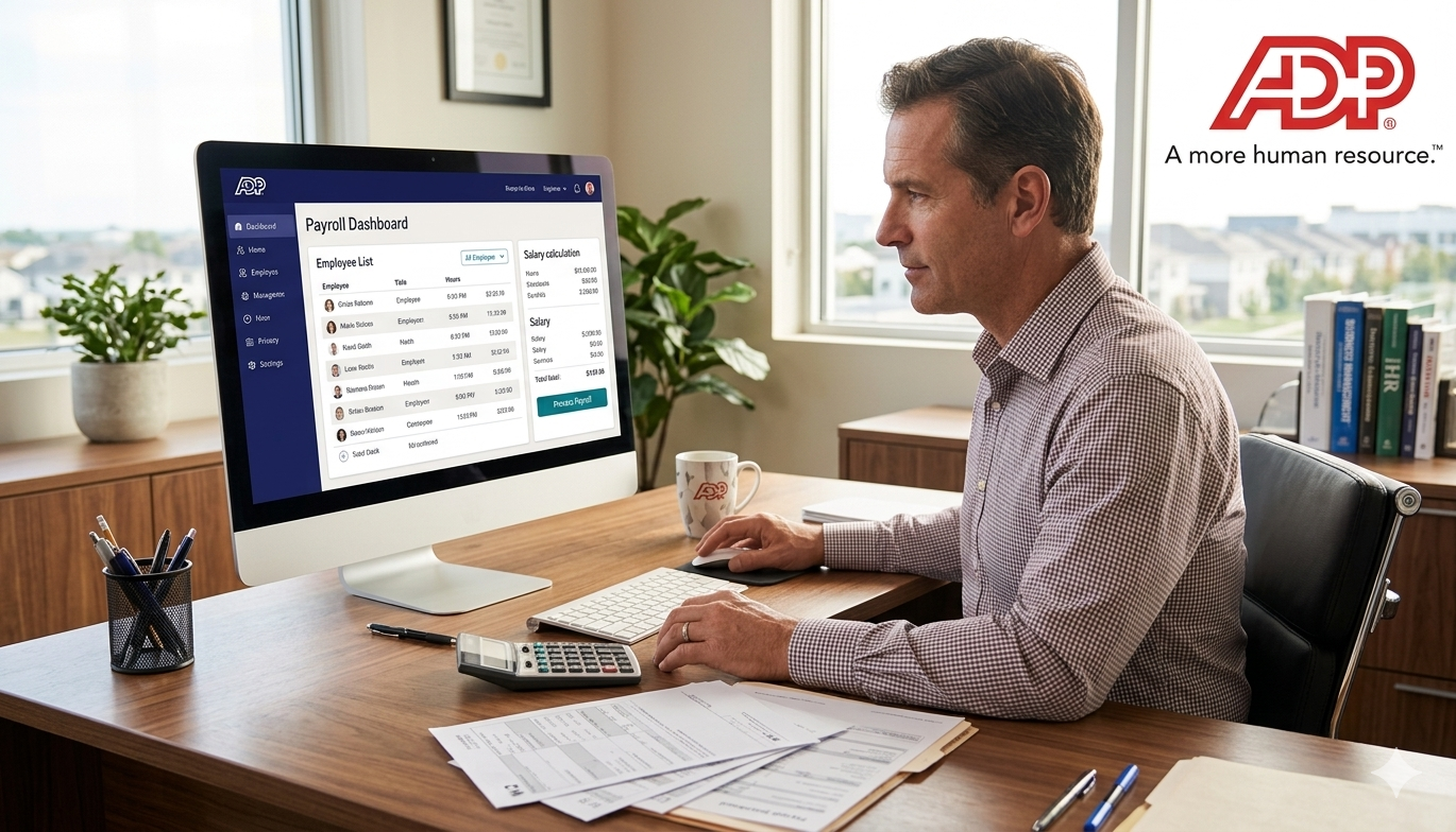 ADP Payroll Dashboard showing employee list, salary calculation, and payroll processing for restaurants