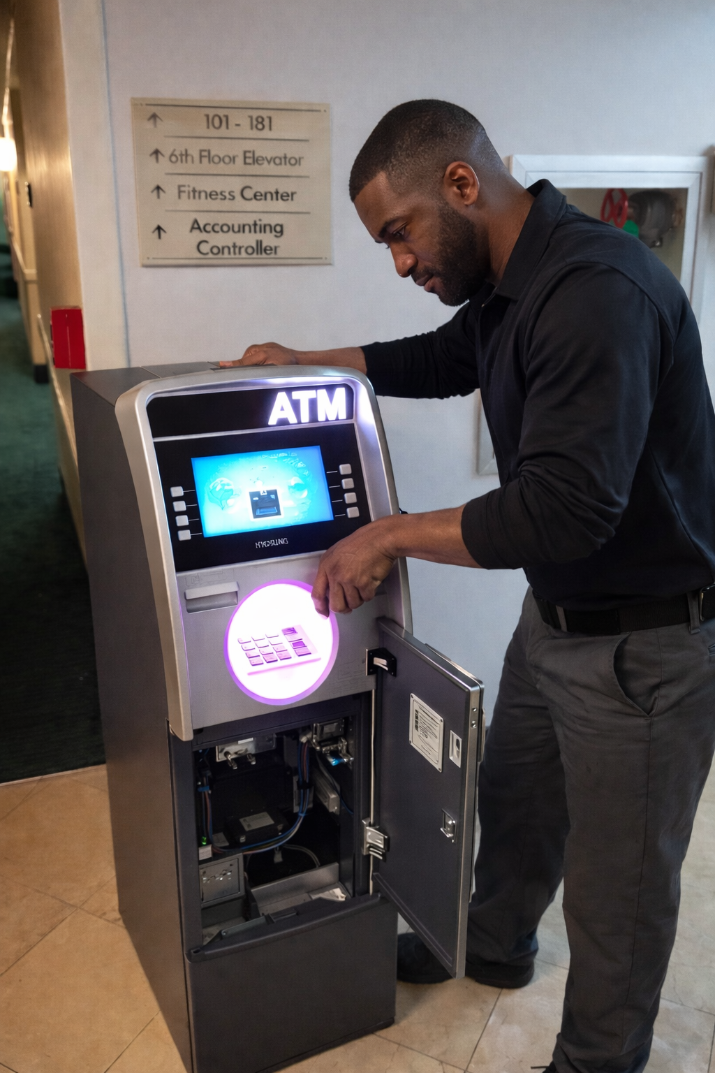 ATM technician servicing hotel lobby ATM vaulting unit