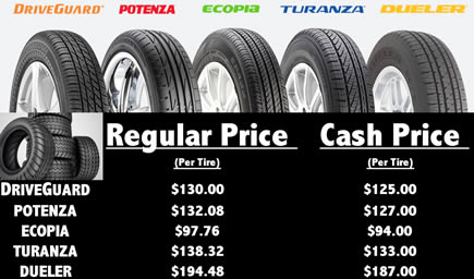 Tire shop dual pricing showing regular price and cash price for tire brands