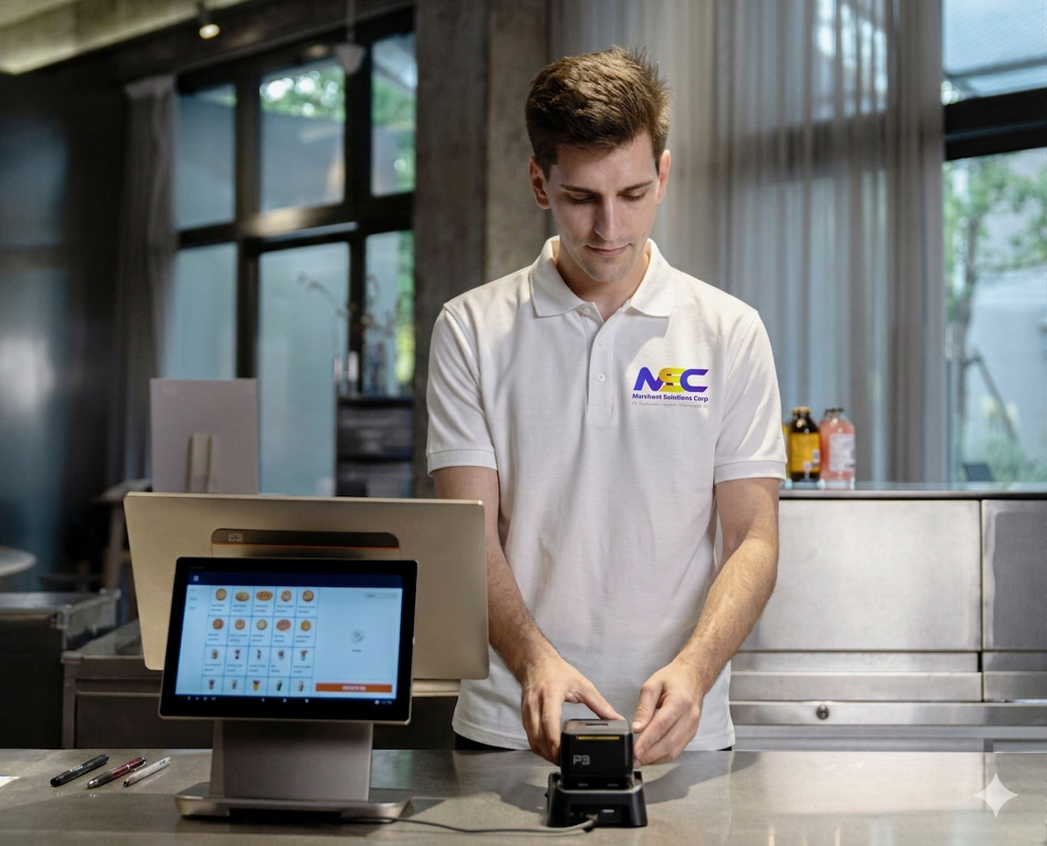MSC technician installing POS system at restaurant counter with touchscreen ordering display