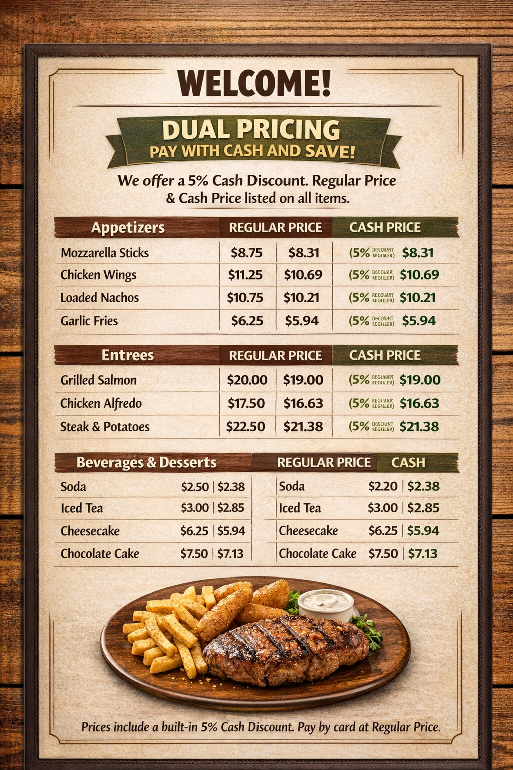Restaurant dual pricing menu showing regular price and cash price side by side