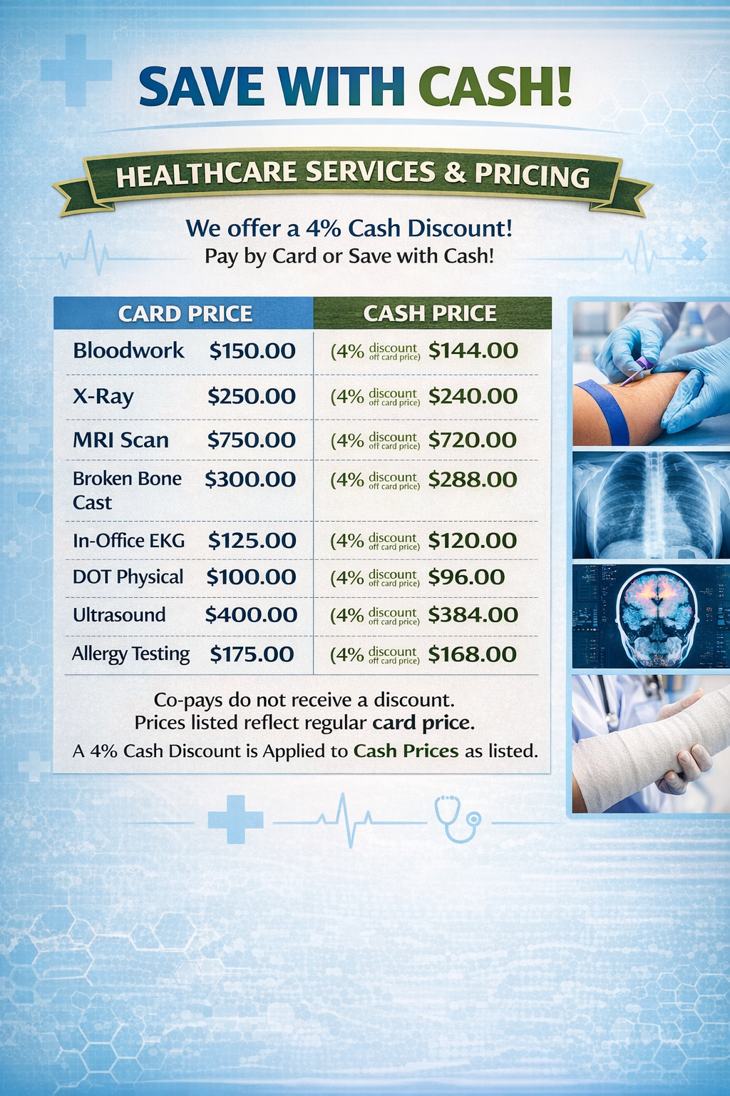 Healthcare dual pricing showing card price and cash price for medical services