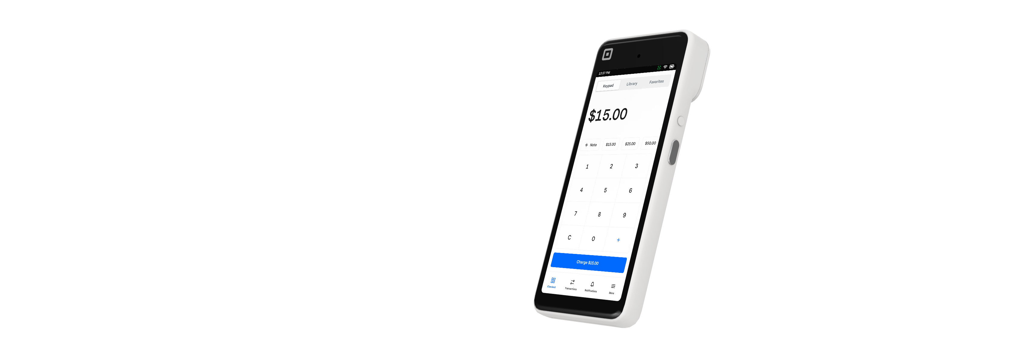 Square Handheld POS device showing keypad and payment screen