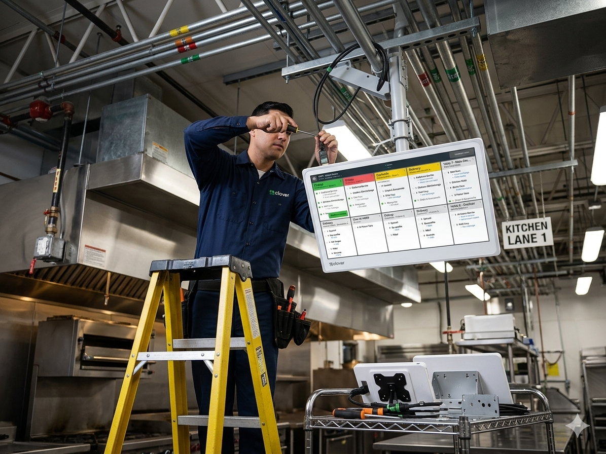 Technician installing Clover Kitchen Display System (KDS) in commercial restaurant kitchen