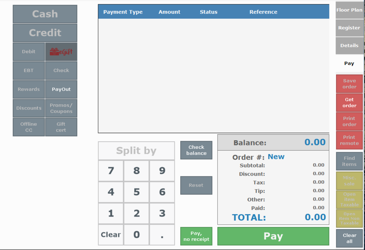 Exatouch POS payment interface showing cash, credit, debit, EBT, and gift card processing options