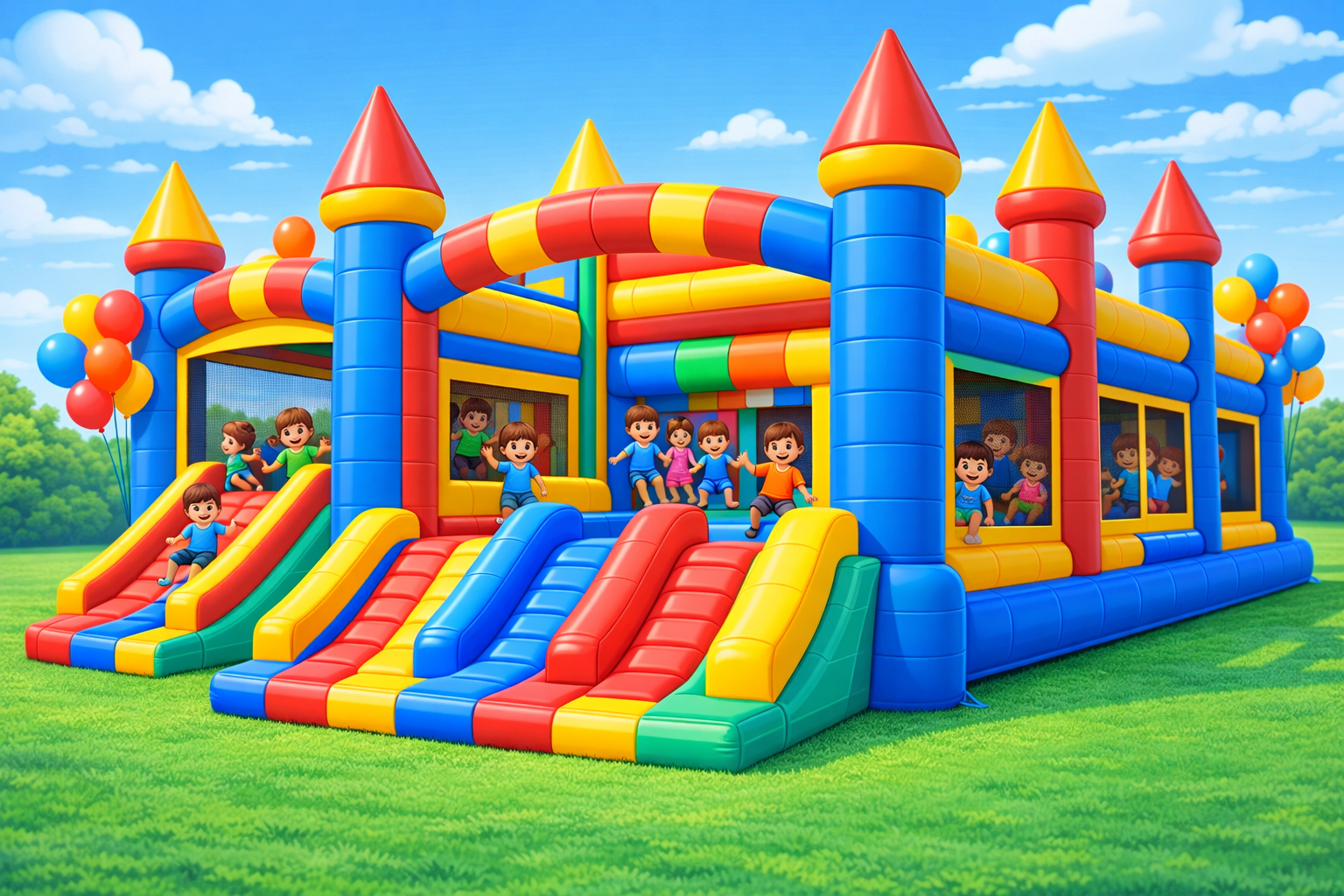 Colorful bouncy castle with slides