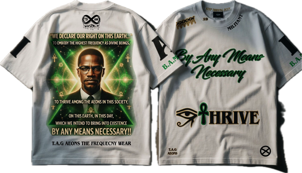 By Any Means Necessary white tee front and back with green and gold graphics