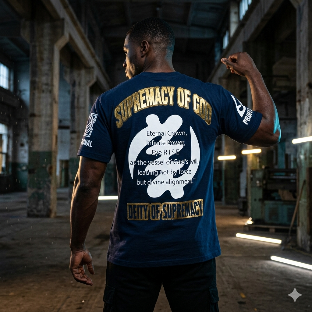 Supremacy of God navy tee with gold lettering and Gye Nyame symbol