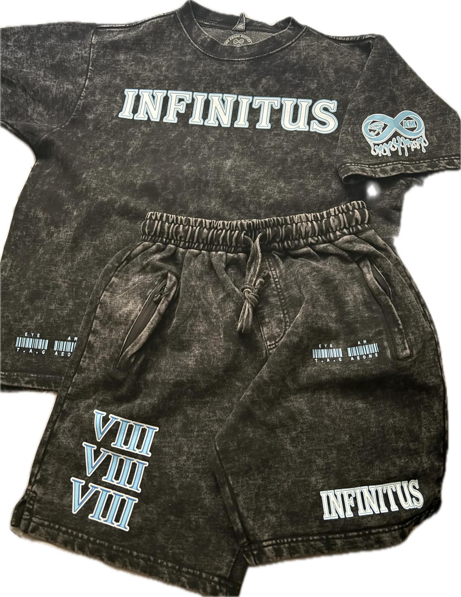 Infinitus black acid-wash tee and shorts set with icy blue lettering