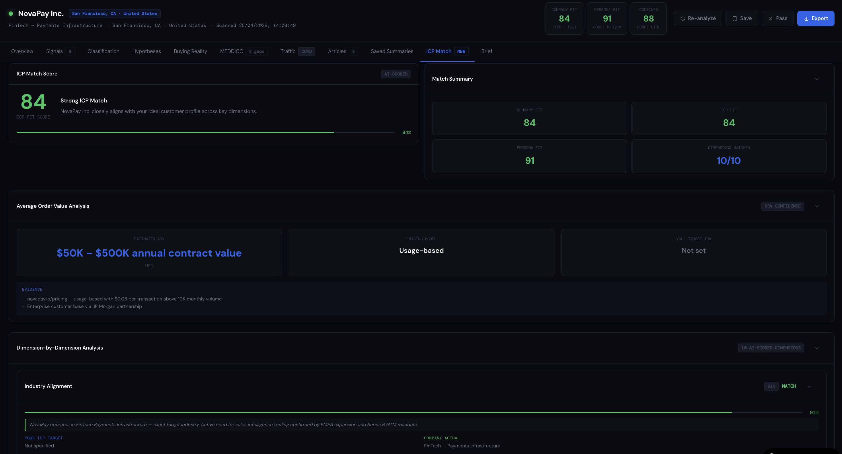 ICP Match — 10-dimension scoring against your saved profile