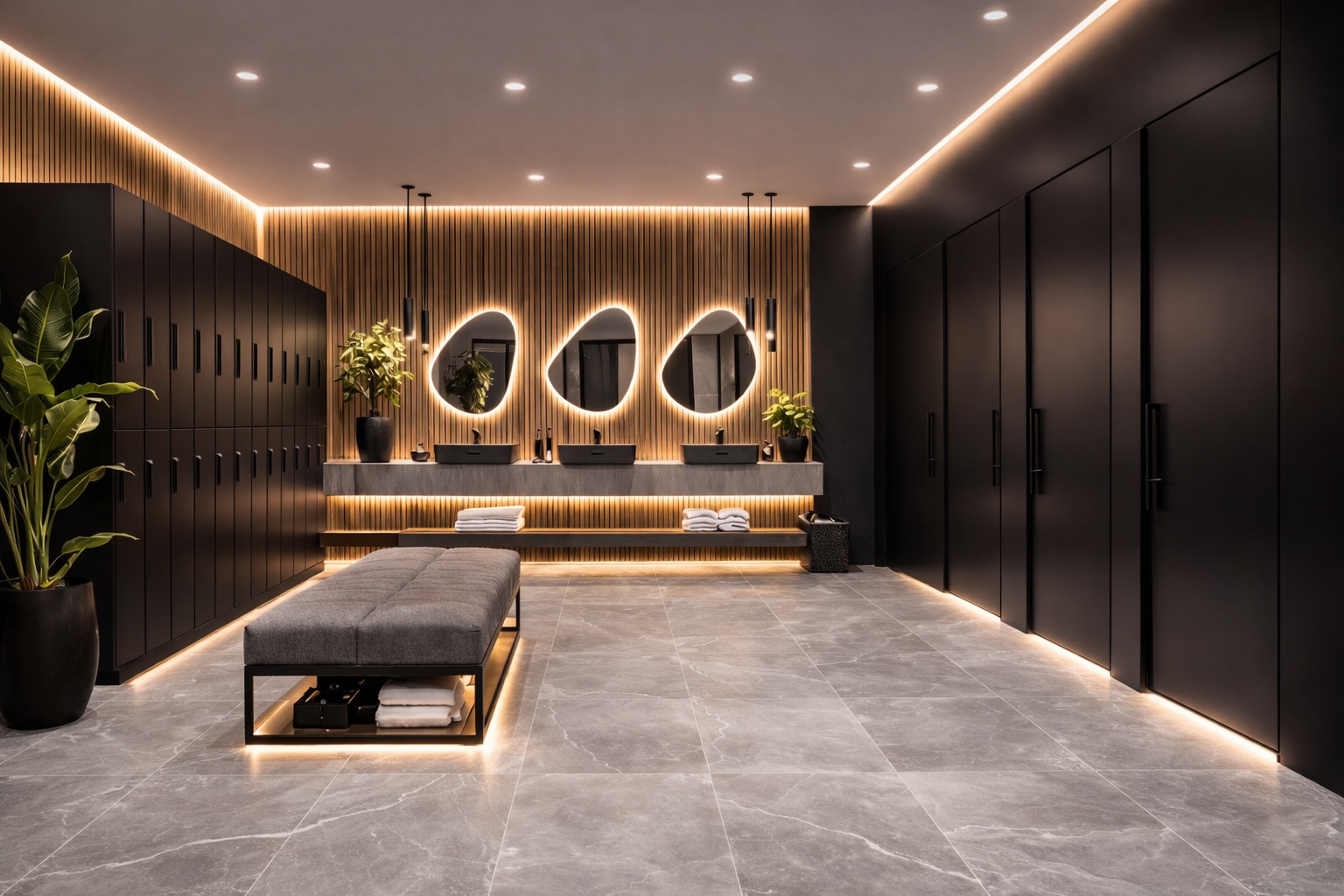Vestiaires premium studio EMS Body-Up Nyon — espace fitness luxueux casiers miroirs éclairage LED