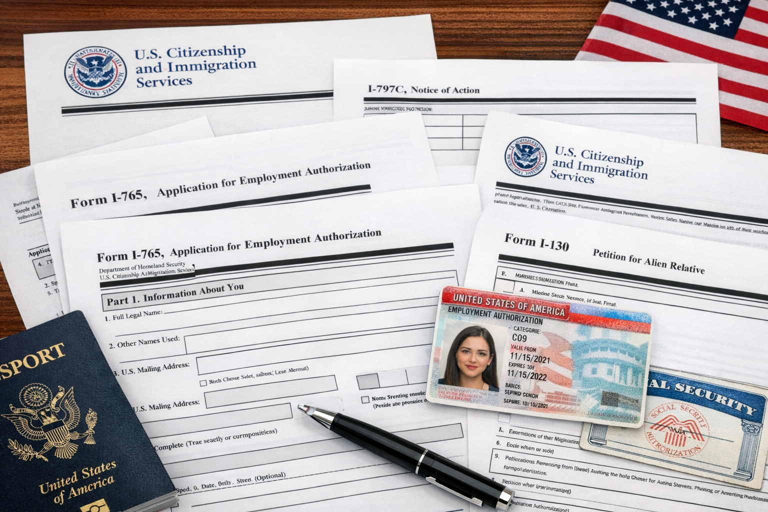 USCIS immigration forms I-765 I-130 passport and employment authorization card