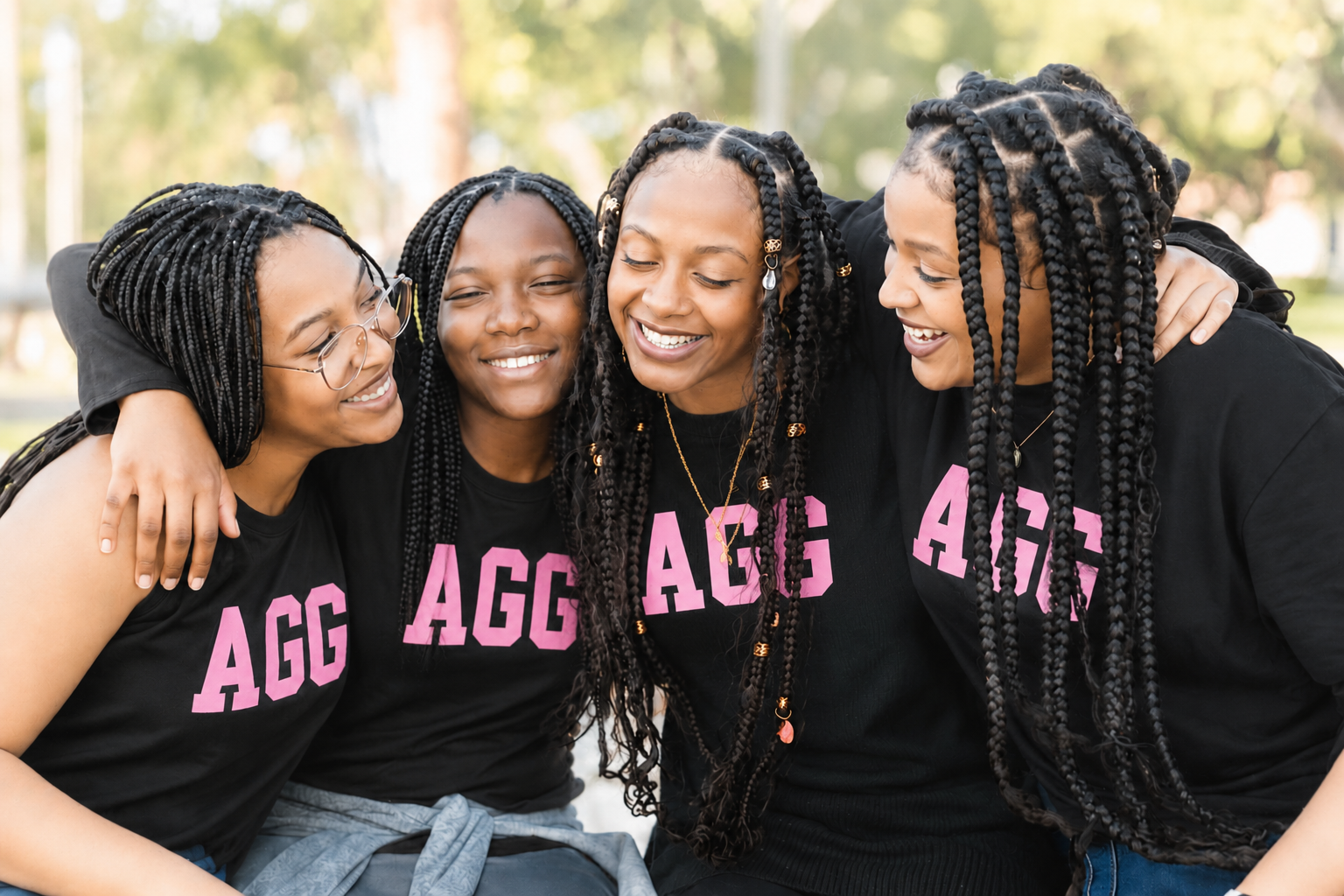A group of smiling girls embracing while wearing pink AGG branded shirts