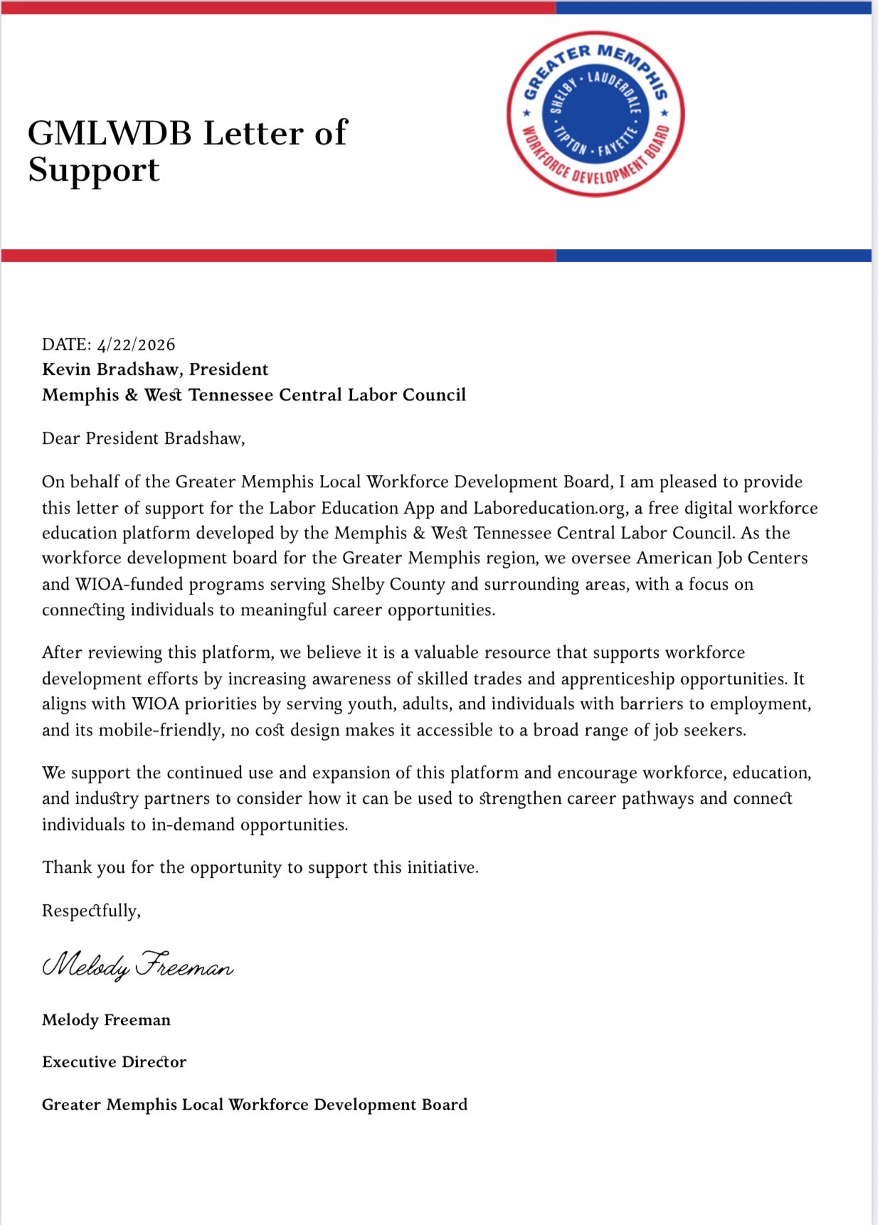 Greater Memphis Workforce Board Letter of Support