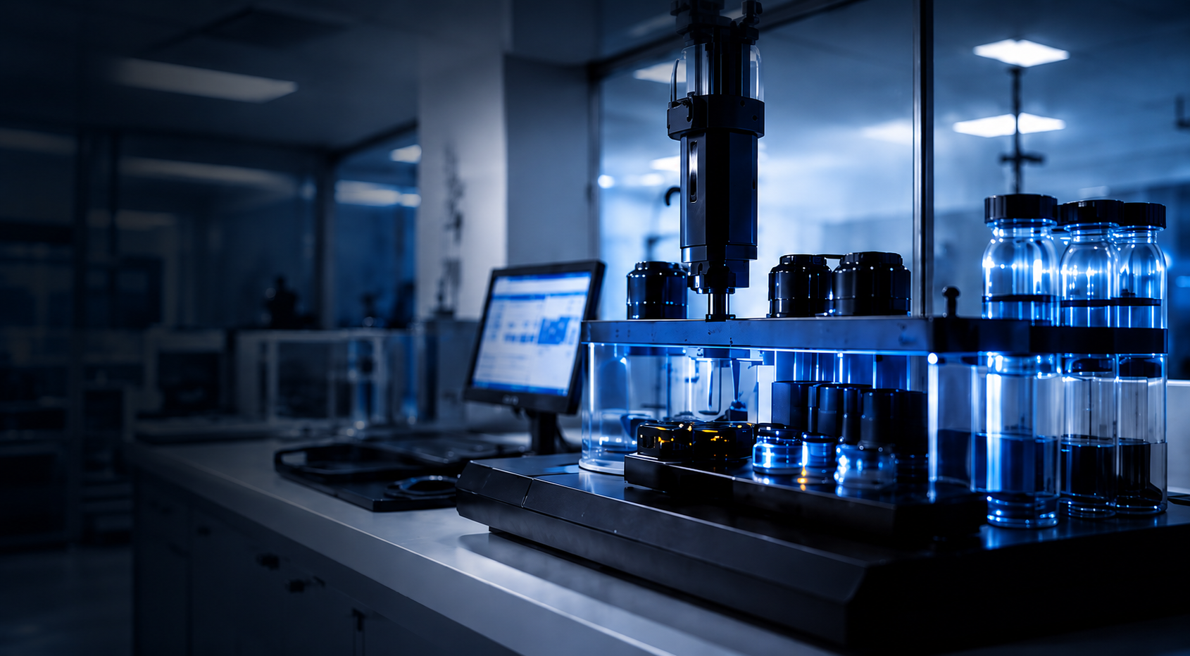 Analytical laboratory equipment with electric blue glow