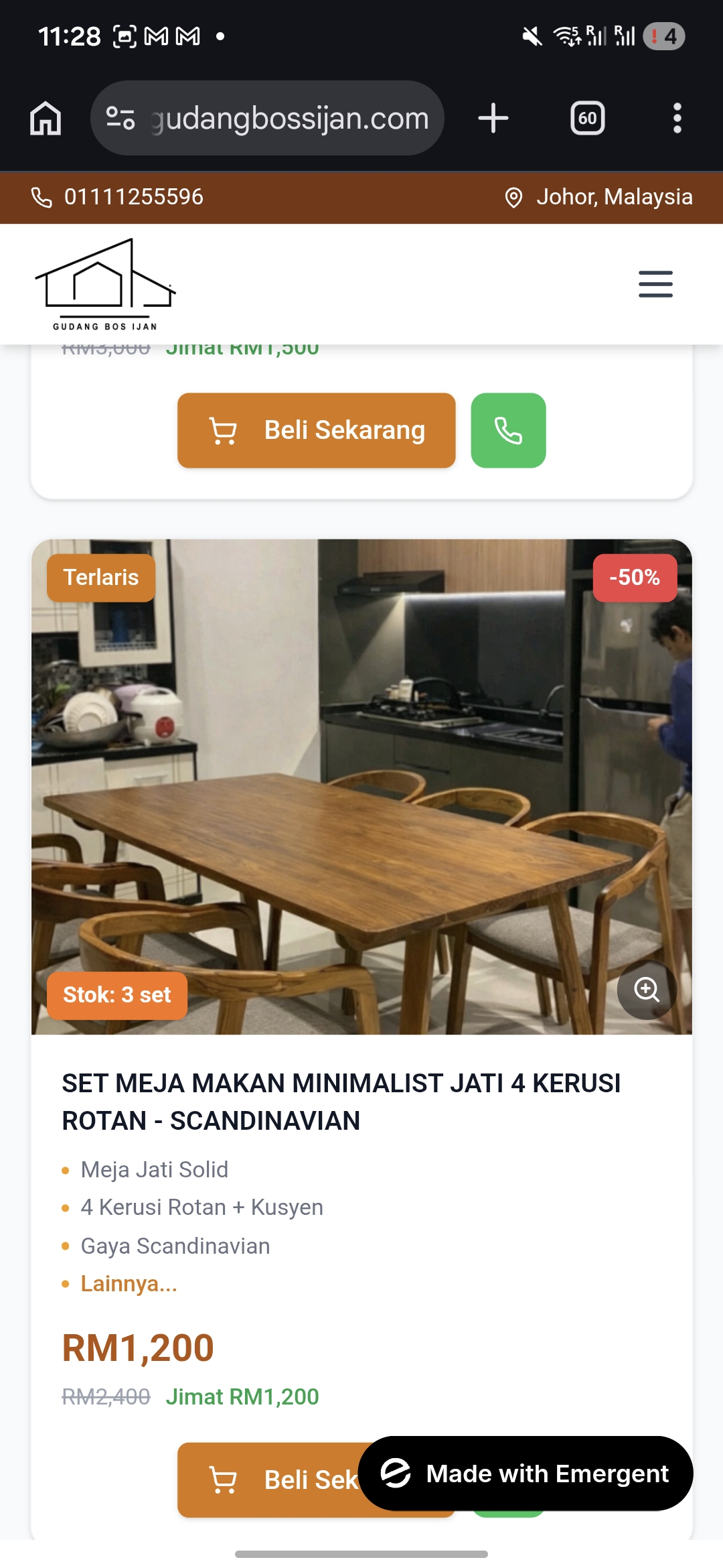 SET MEJA MAKAN MINIMALIST JATI 6 KERUSI - KUSYEN KELABU MODEN