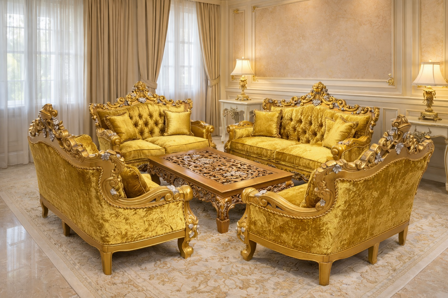 SET SOFA BALDU EMAS MEWAH 3+2+1+1 + MEJA KOPI - GAYA DIRAJA