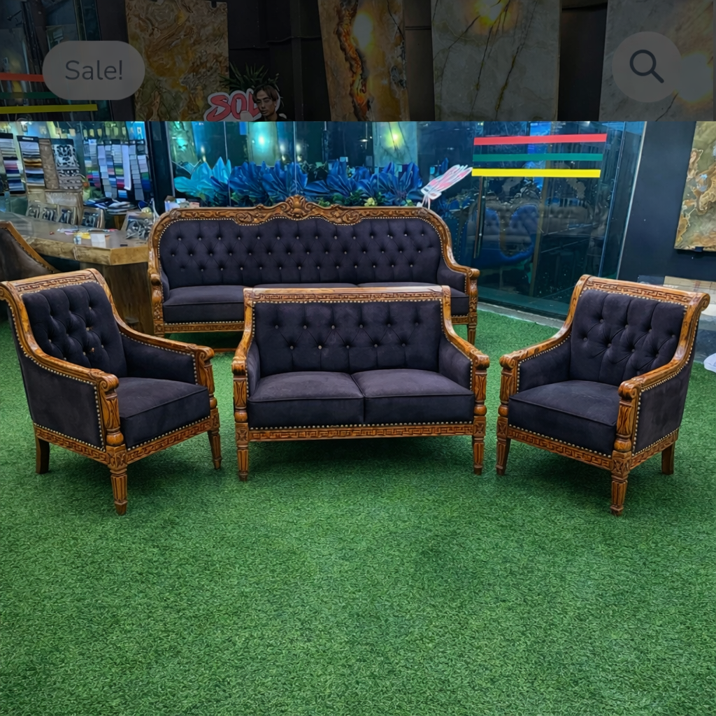 SET SOFA JATI BALDU NAVY 3+2+1+1 + MEJA - UKIRAN VERSACE
