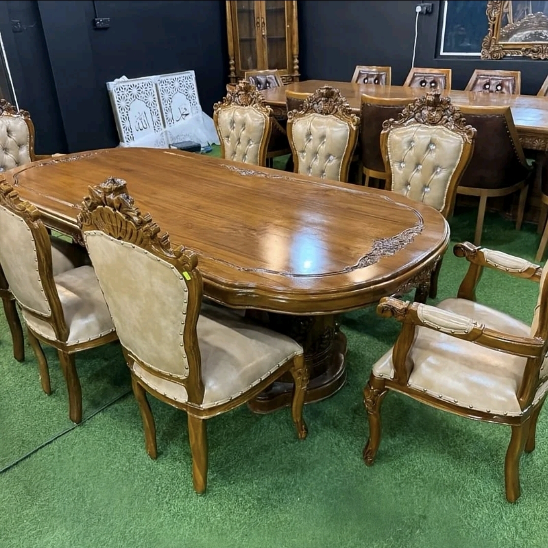 SET MEJA MAKAN 8 KERUSI BERKUSYEN CREAM - GRADE A + FREE KARPET DUBAI