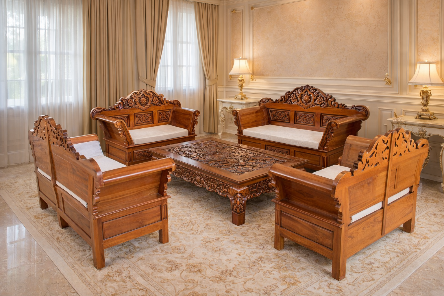 SET SOFA JATI UKIRAN KLASIK 3+2+1 + MEJA KOPI
