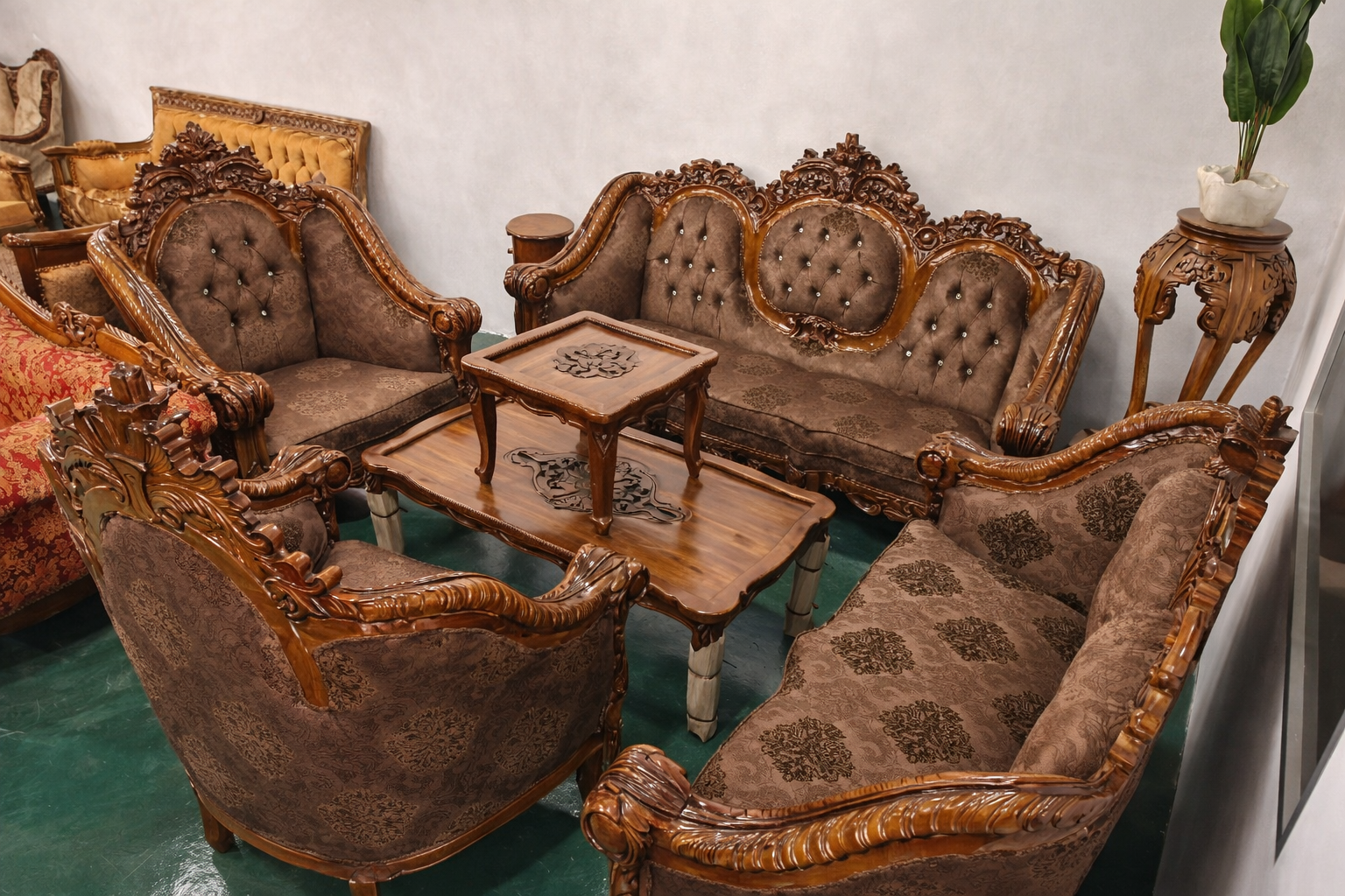 SET SOFA JATI UKIRAN DIRAJA 3+2+1+1 - BALDU COKLAT DAMASK + MEJA