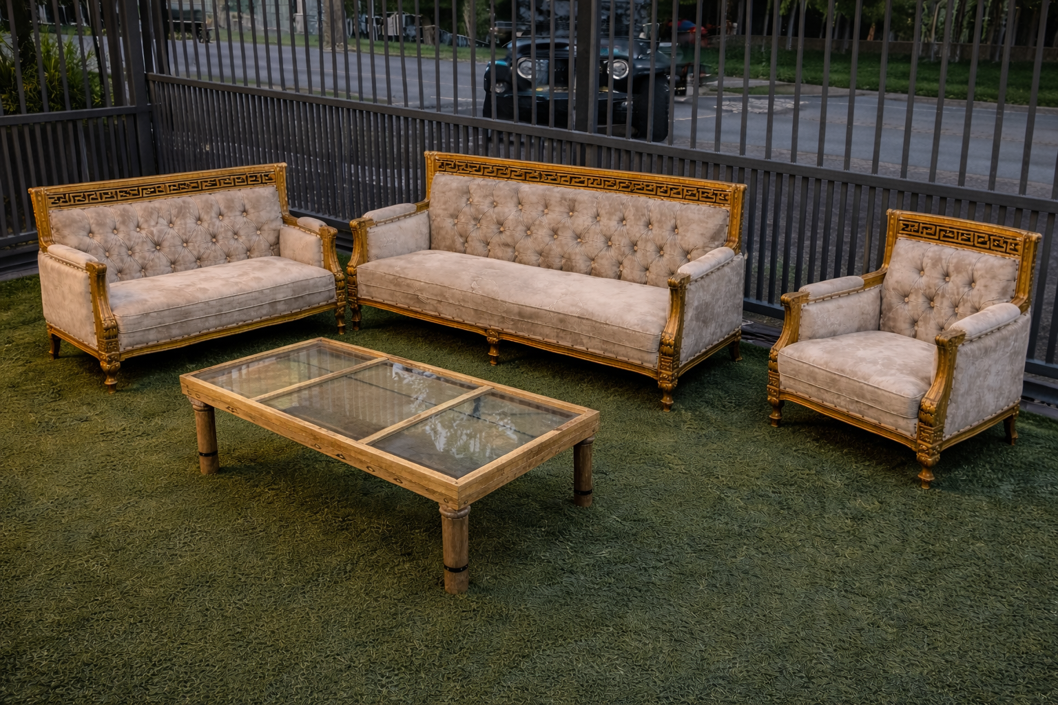 SET SOFA JATI VERSACE 3+2+1 + MEJA KOPI KACA - KUSYEN BALDU CREAM