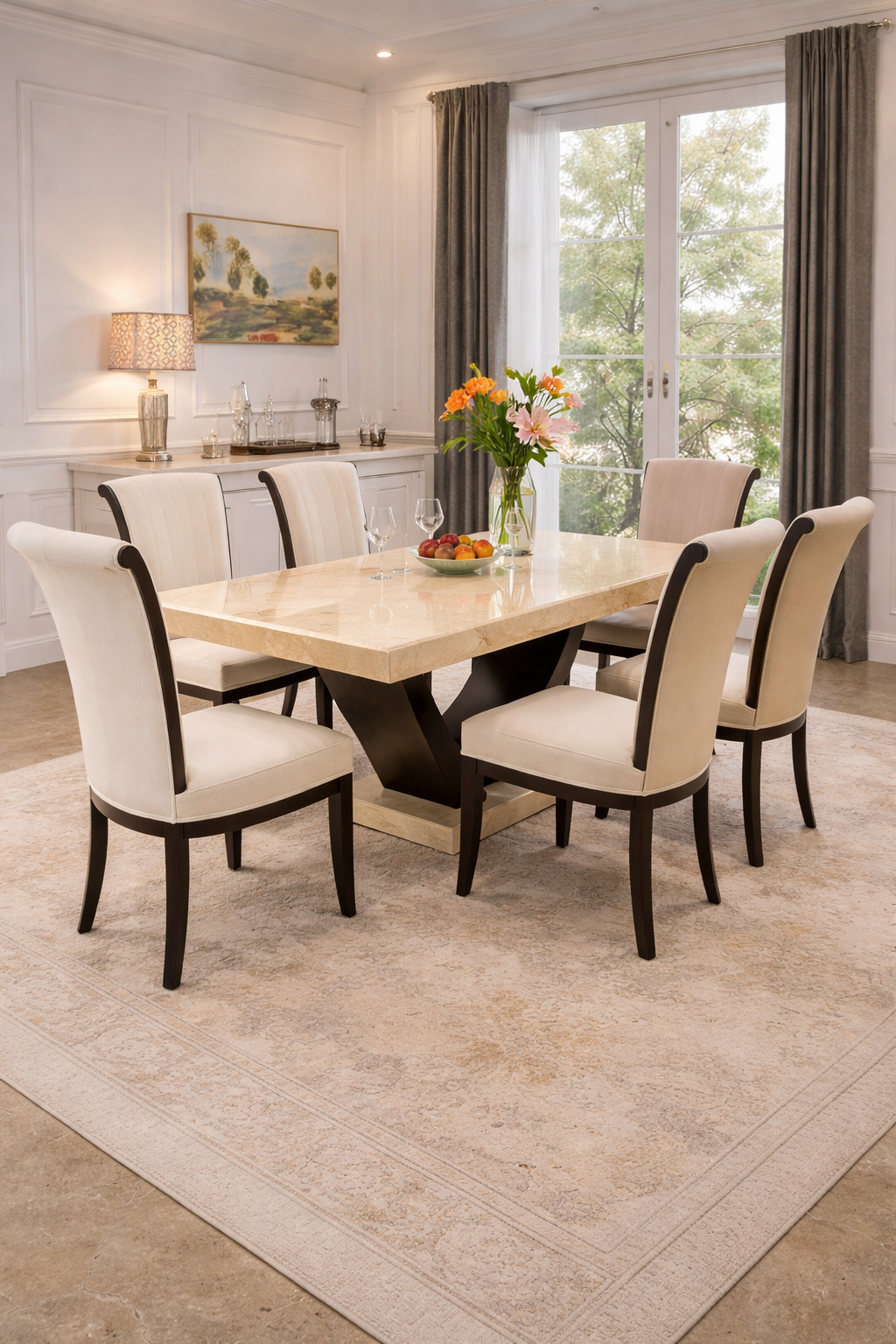 SET MEJA MAKAN MINIMALIST JATI 6 KERUSI - MARBLE TOP