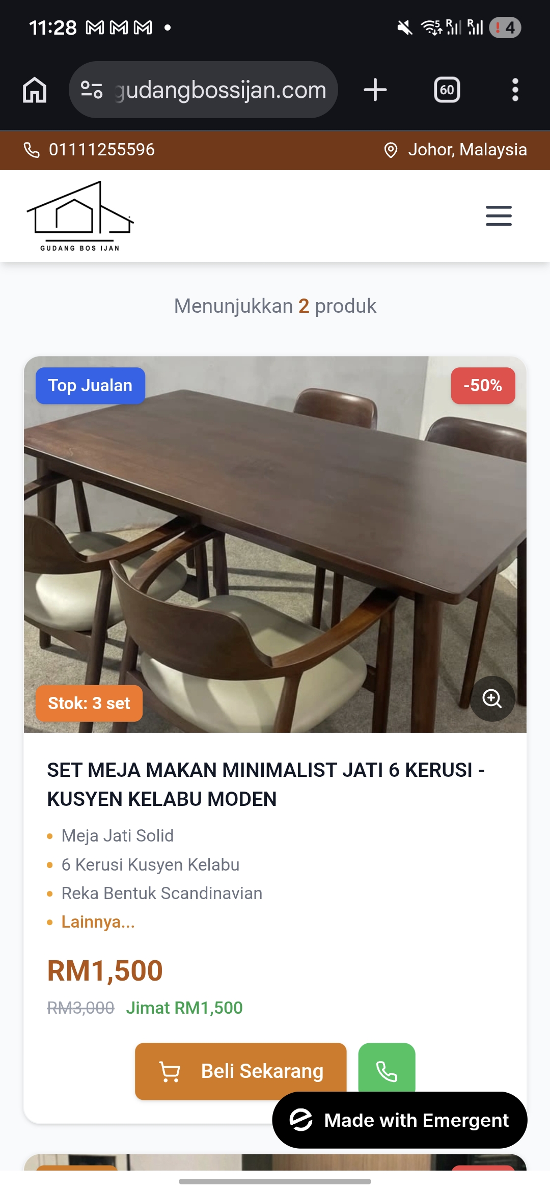 SET MEJA MAKAN MINIMALIST JATI 4 KERUSI JATI - SCANDINAVIAN