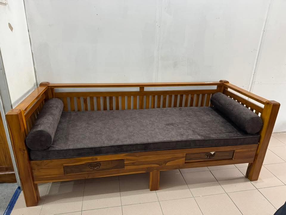 DAYBED JATI MINIMALIST - KUSYEN KELABU GELAP + LACI SIMPANAN