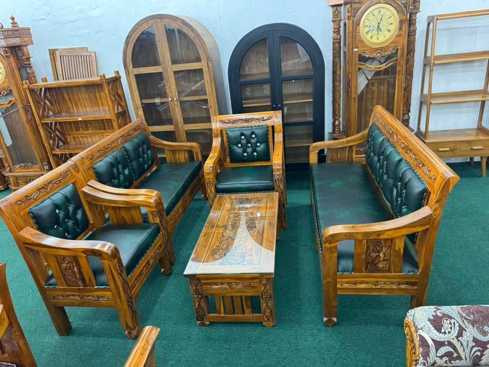 SET SOFA JATI UKIRAN BINTANG 3+2+1+1 - KULIT HIJAU TEAL BERKANCING + MEJA
