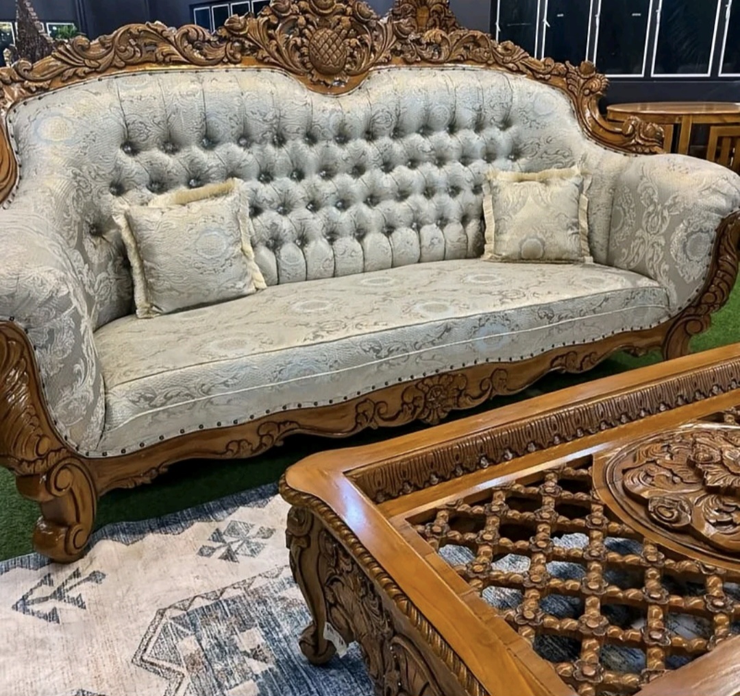 SET SOFA JATI FULL SET BERKERAWANG 3+2+1+1 - SIAP MEJA KOPI & KACA