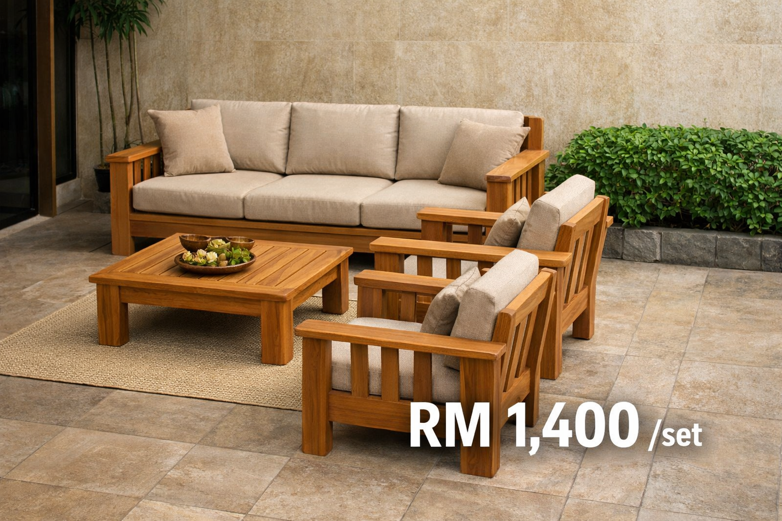 SET SOFA JATI PREMIUM 3+2+1 + MEJA KOPI - KUSYEN CREAM