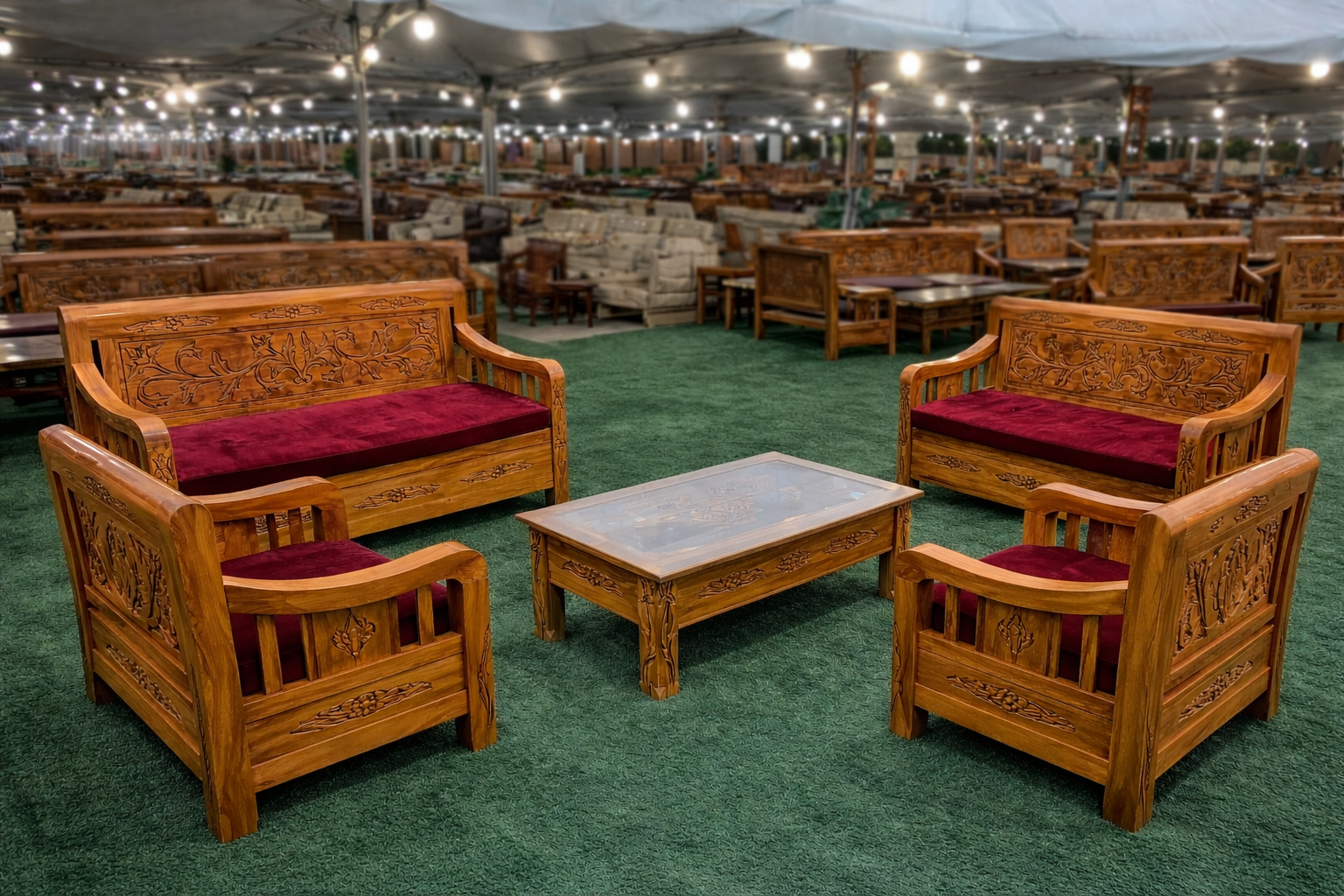 CLEARANCE RAYA - SET SOFA JATI BALDU MERAH 3+2+1+1 + MEJA - FREE KUSYEN BARU