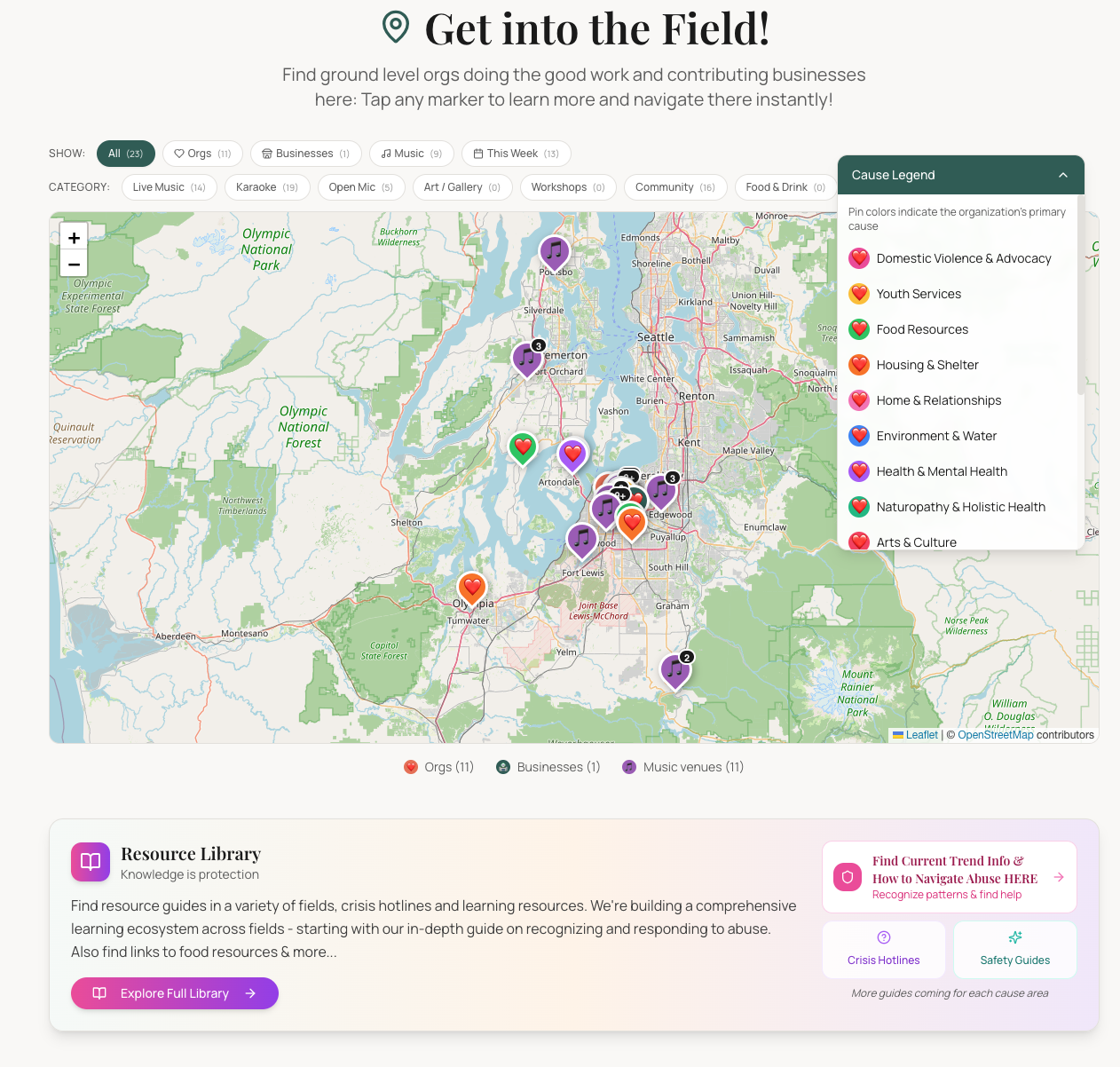 Get In the Field — featured map view of community orgs