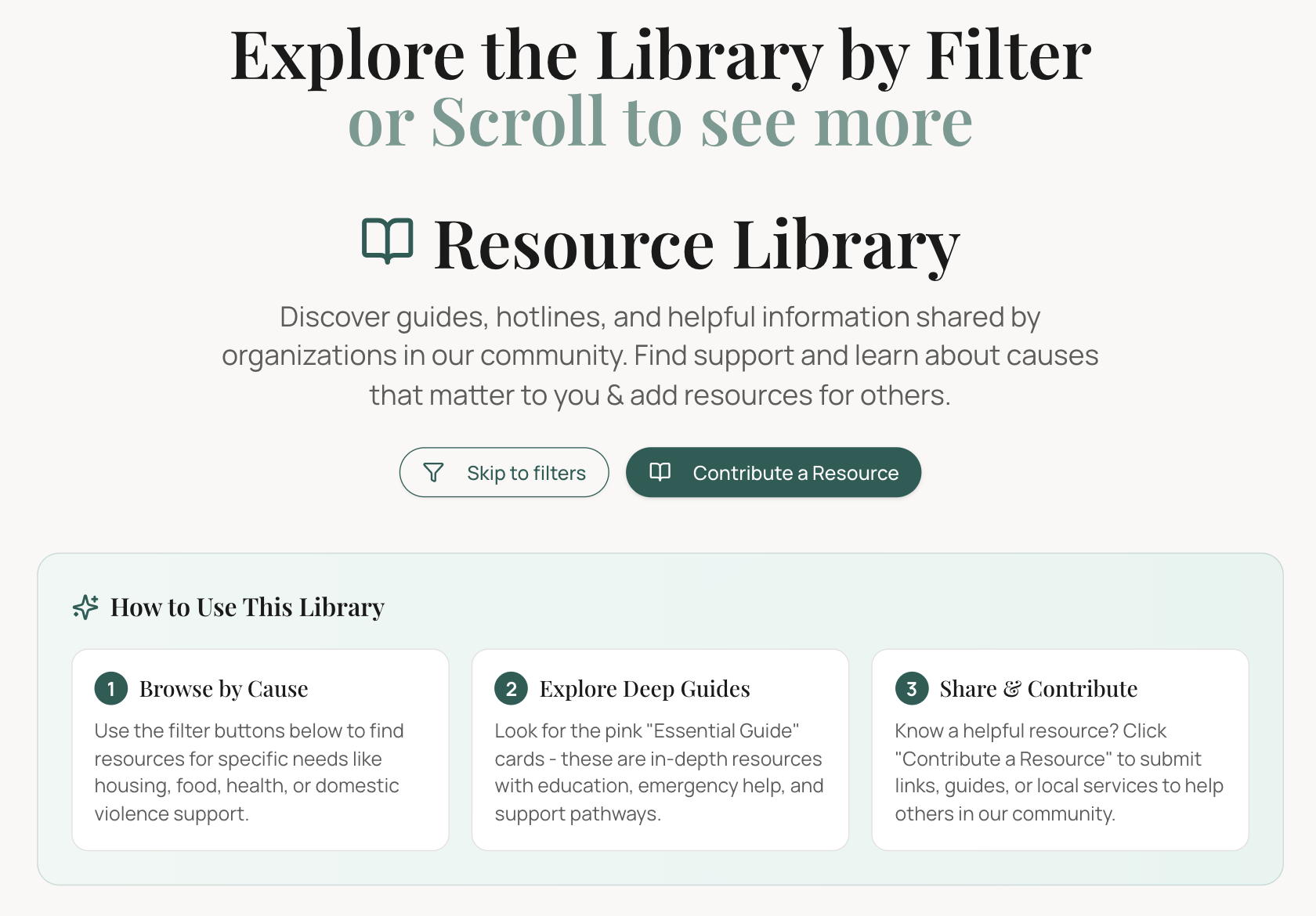 THE WALL Resource Library — browse by cause, explore deep guides, share and contribute