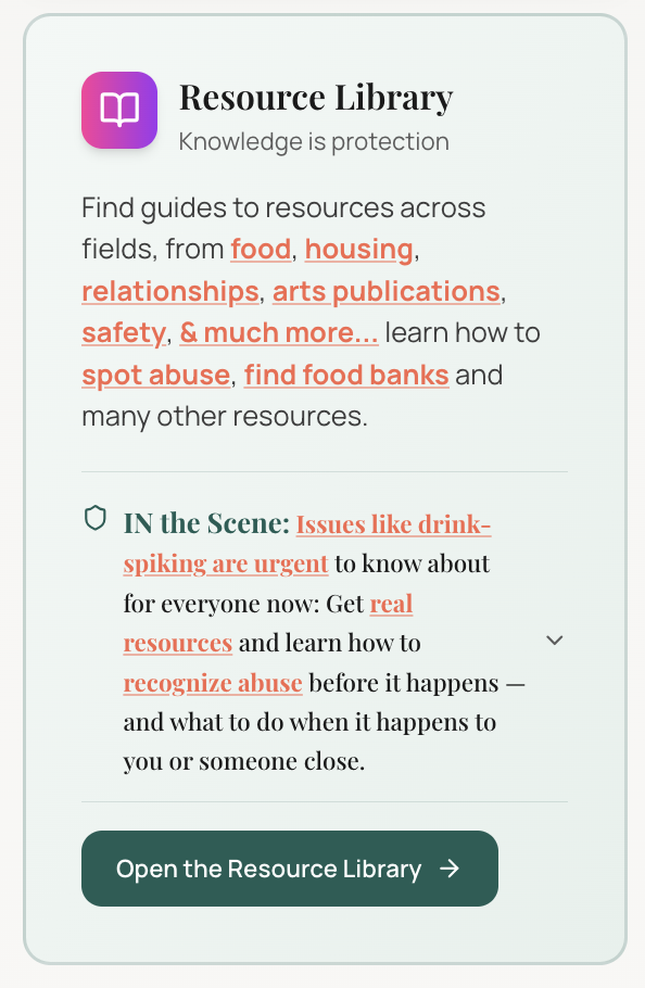 Resource Library — Food, housing, relationships, safety, drink-spiking, abuse