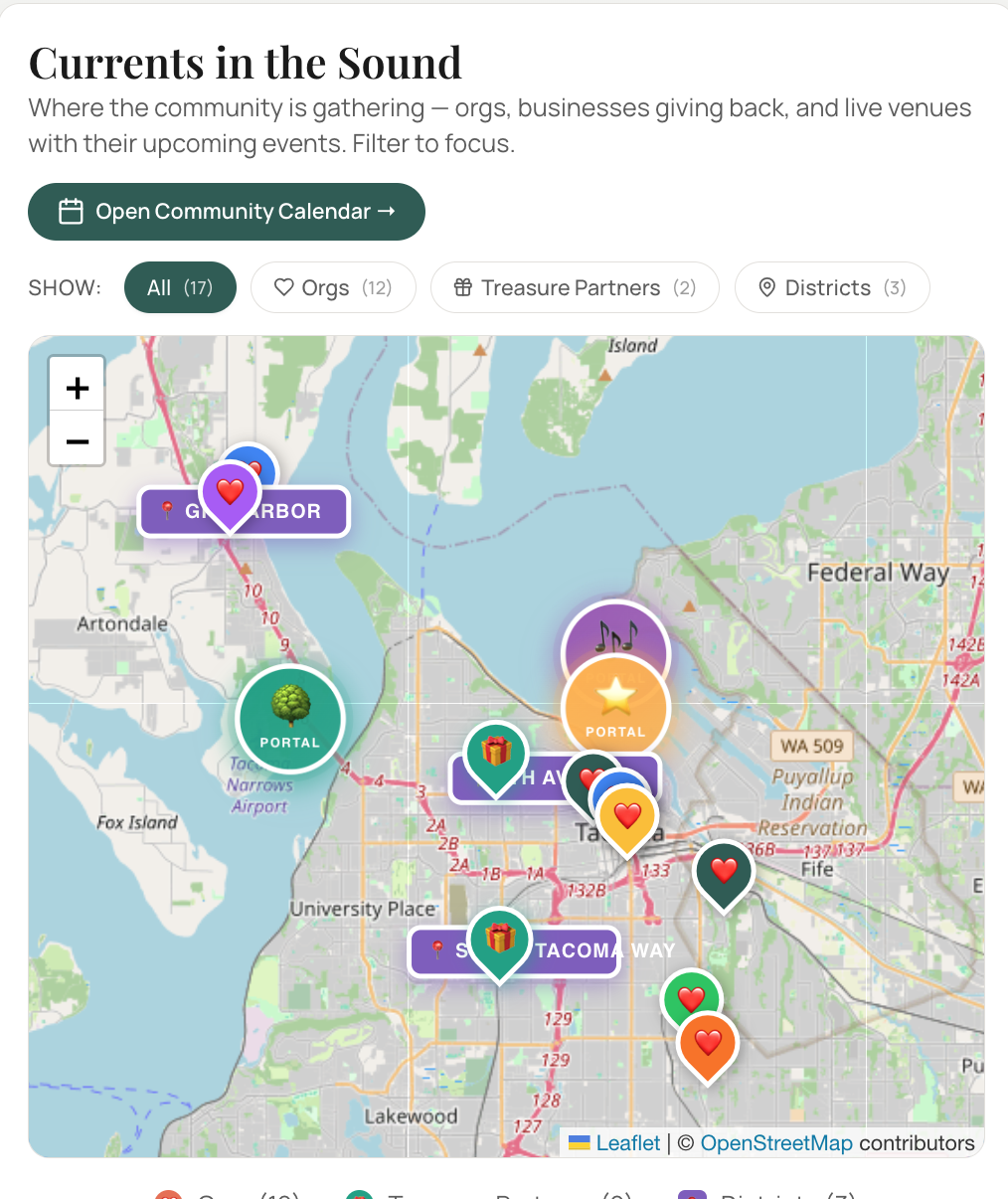 Currents in the Sound — map of organizations, treasure partners, and districts across the South Sound