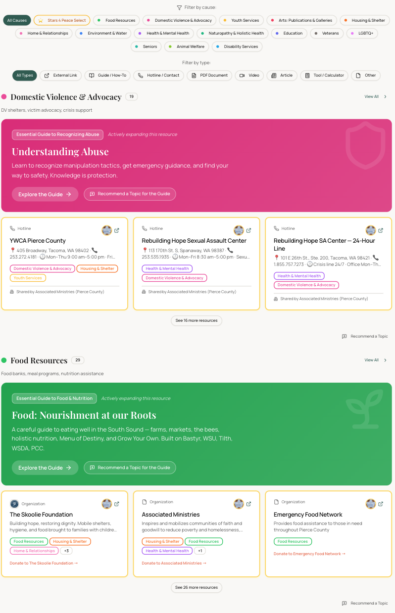 Resource Library filters and Essential Guide cards — Domestic Violence & Advocacy, Food Resources and more