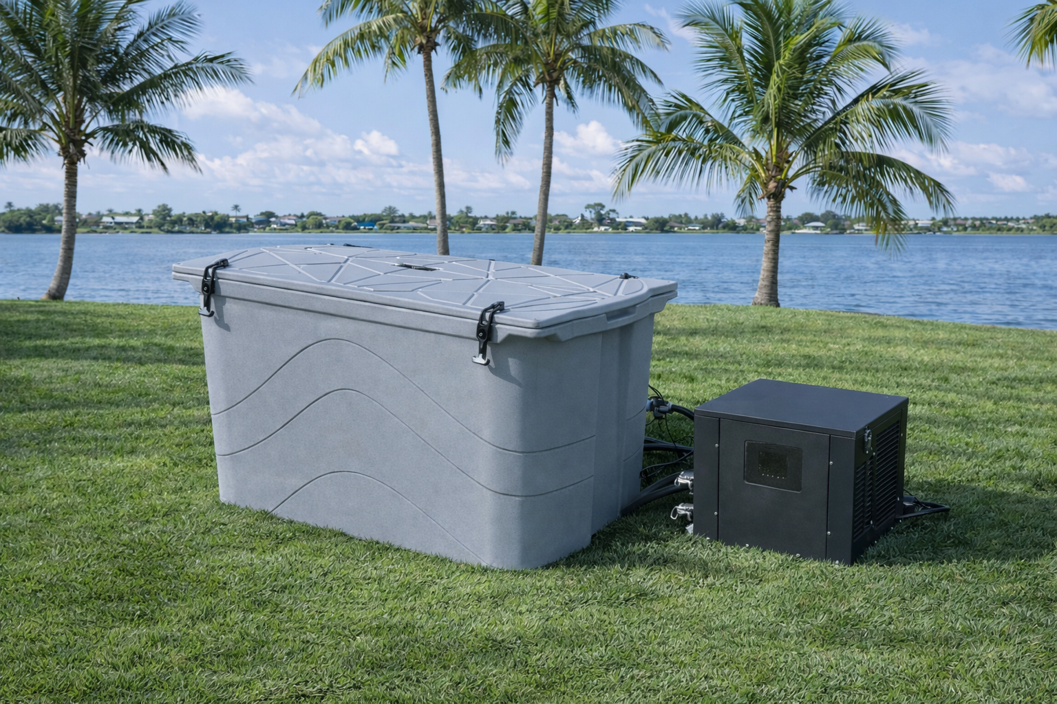 Frozin Complete Cold Plunge System with chiller in Grey Granite by the water