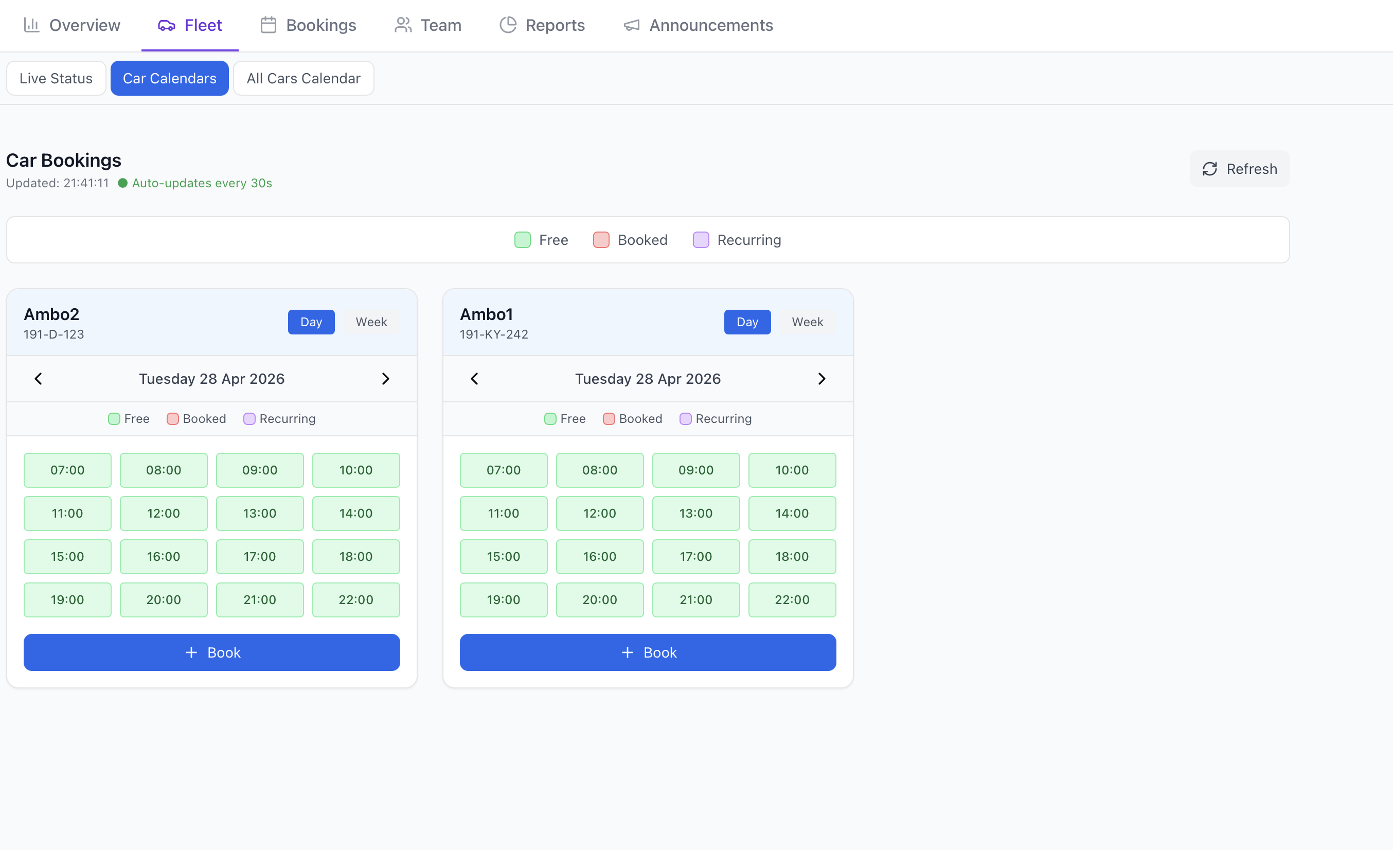 Quick Wing per-car booking calendars