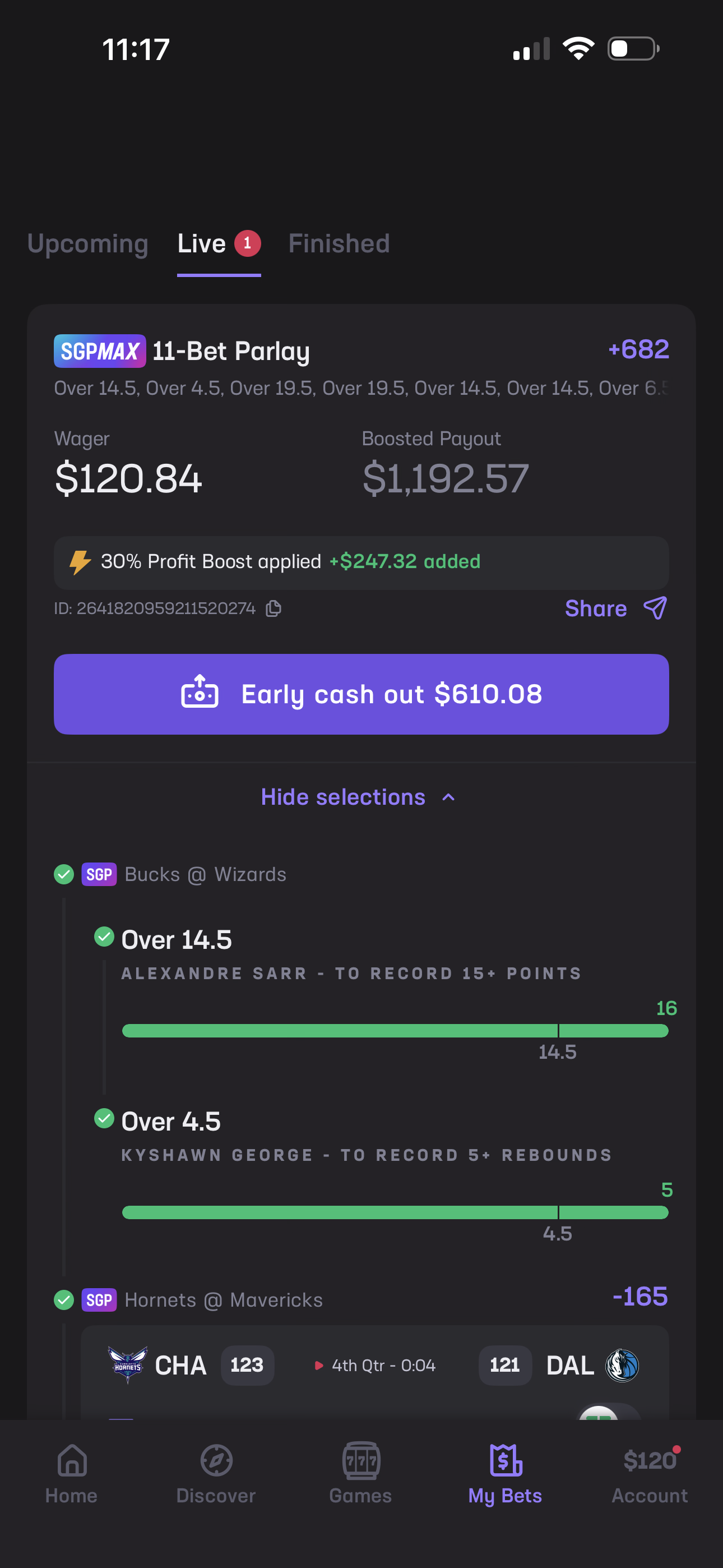 11-Bet Parlay - Bucks vs Wizards + Hornets vs Mavericks