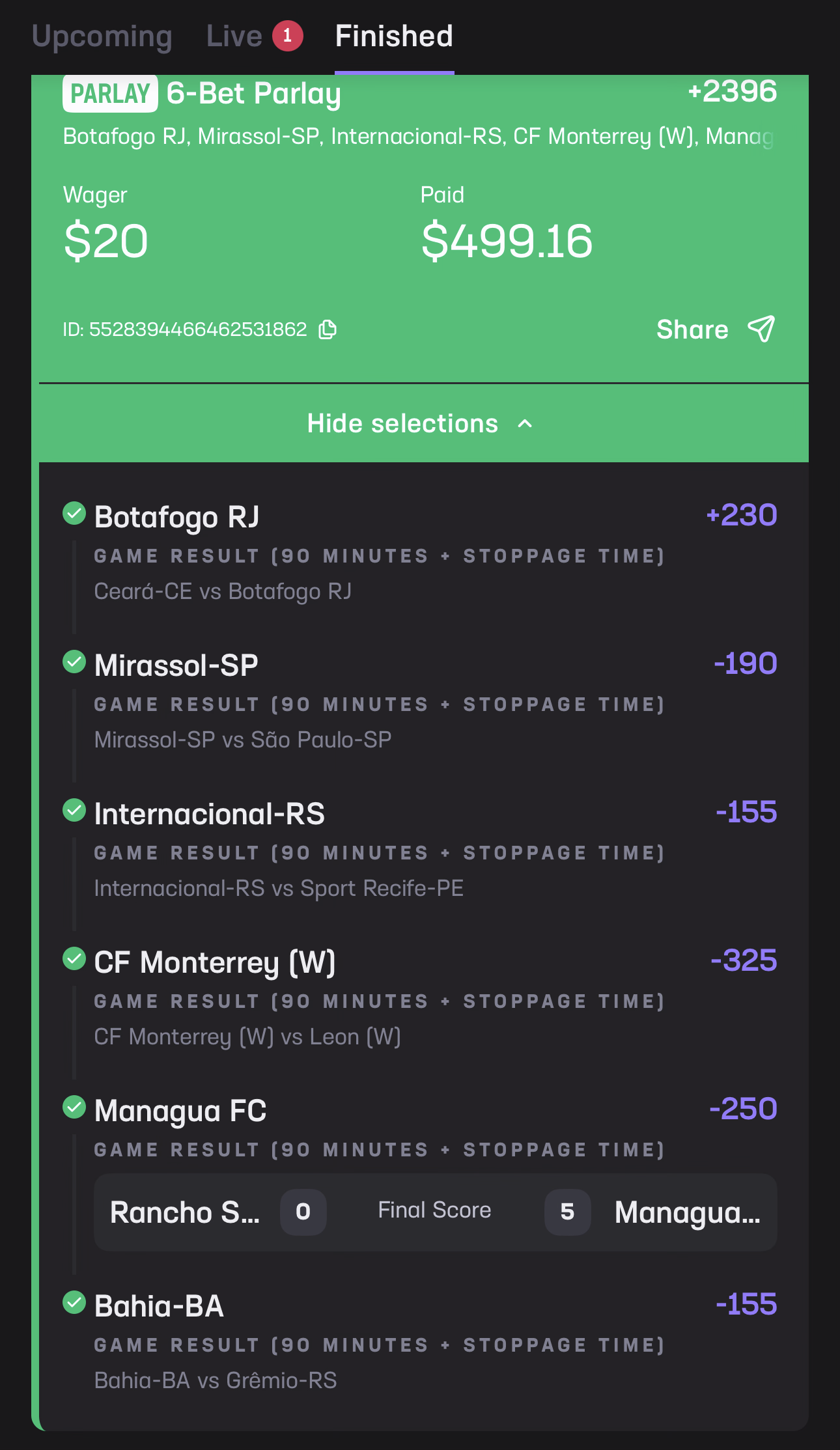 6-Bet Parlay - Botafogo, Mirassol, Internacional, CF Monterrey