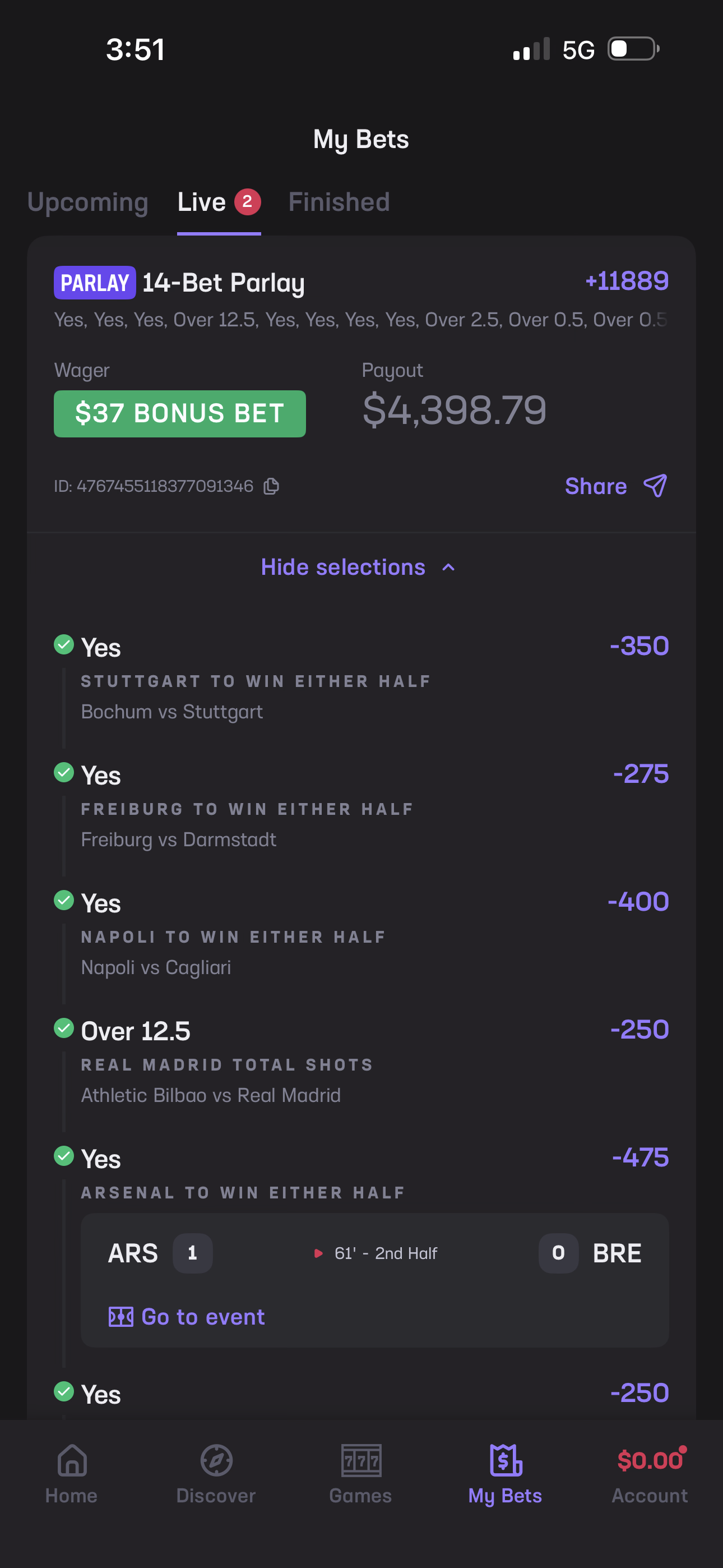 14-Bet Parlay - Stuttgart, Freiburg, Napoli, Real Madrid, Arsenal