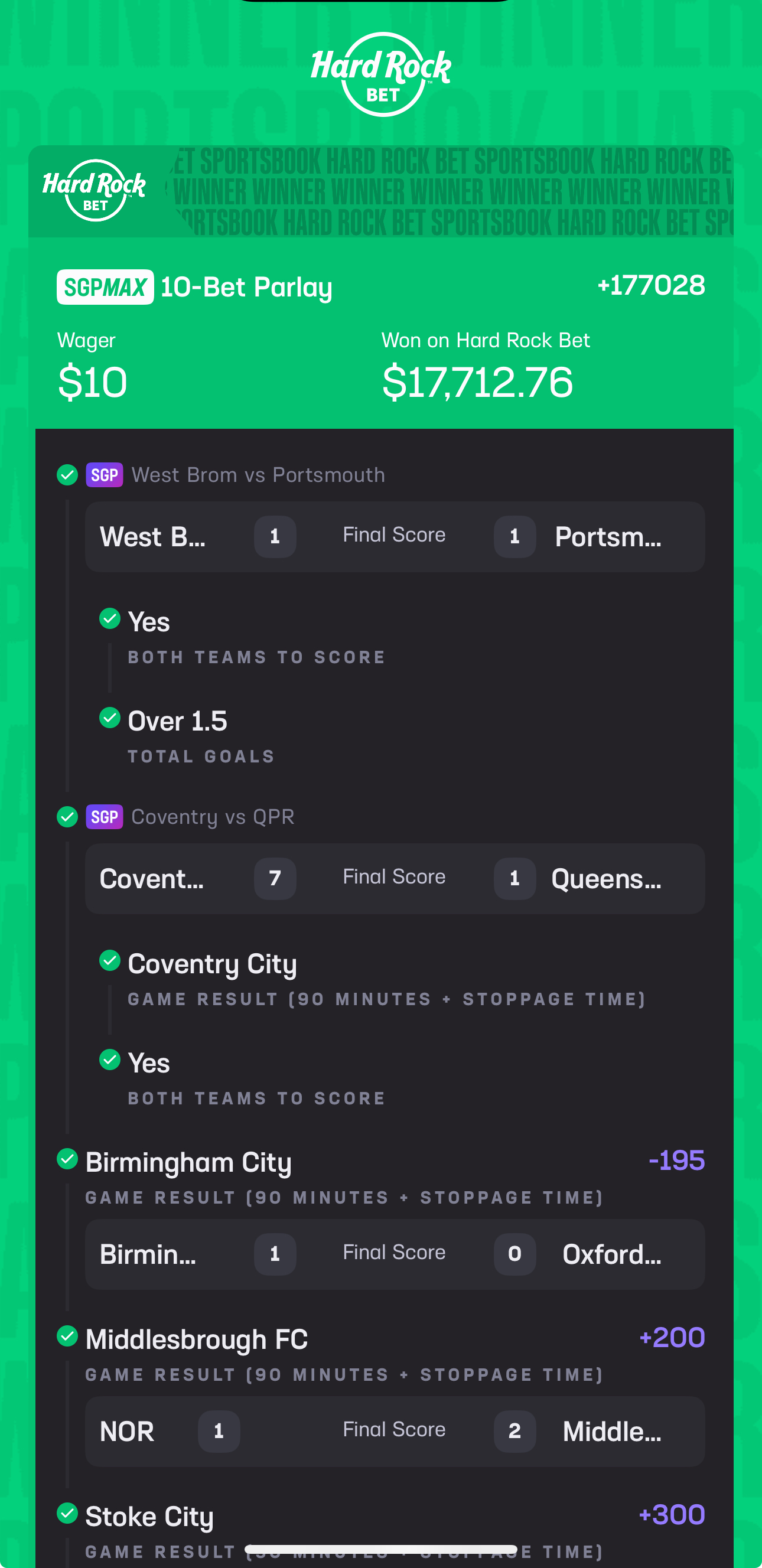 10-Bet Parlay - West Brom, Coventry, Birmingham, Middlesbrough, Stoke City