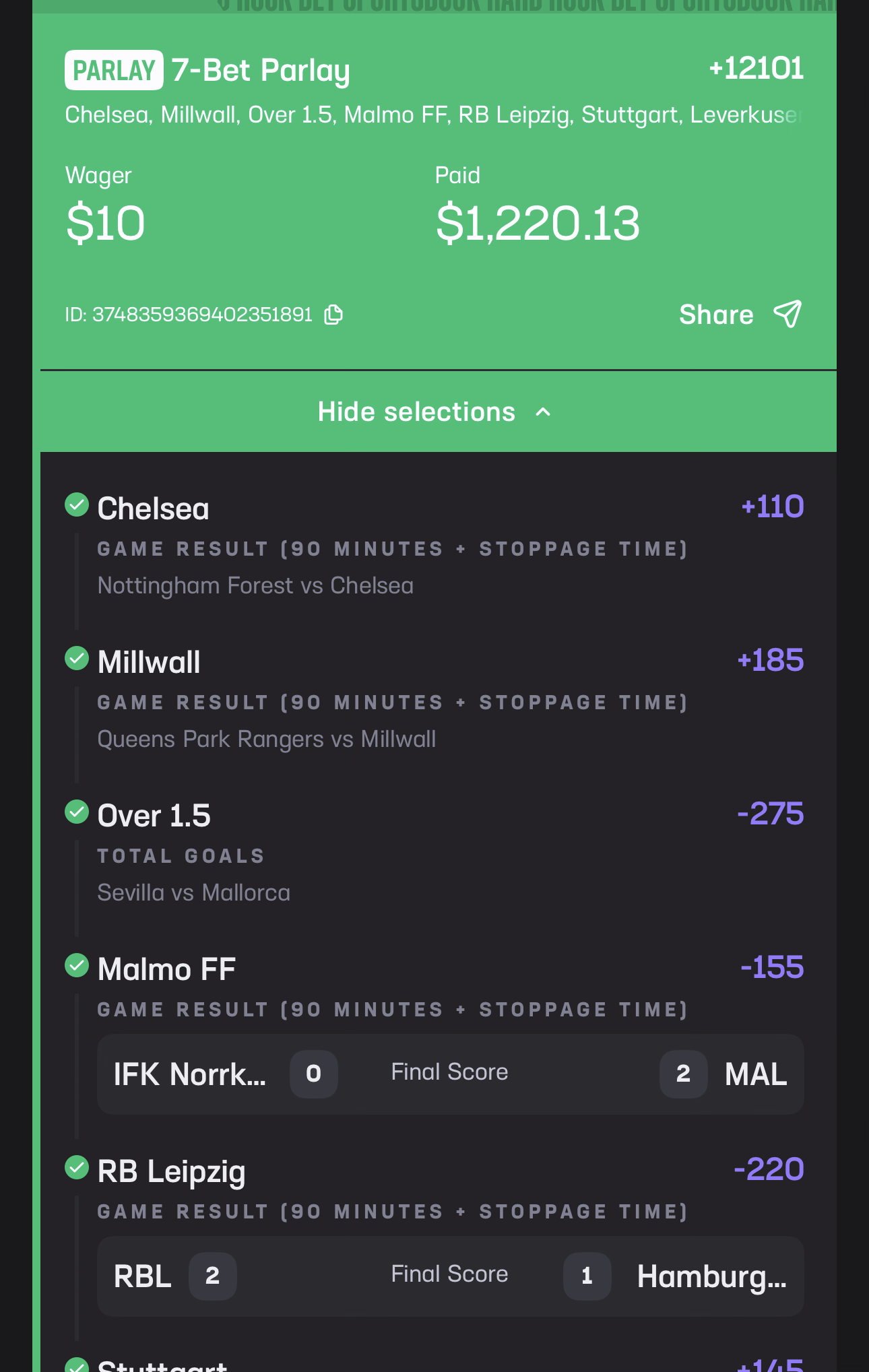 7-Bet Parlay - Chelsea, Millwall, RB Leipzig, Stuttgart