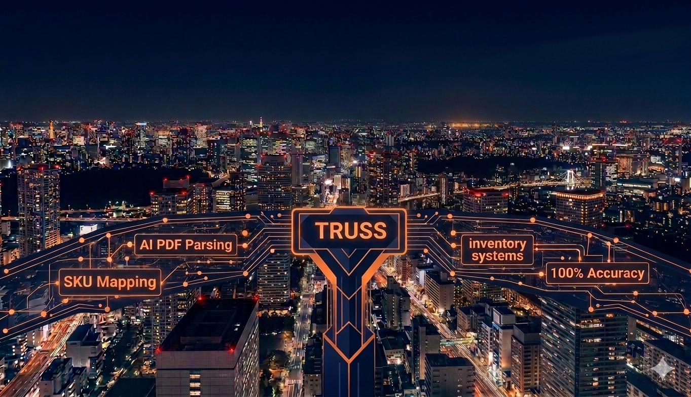 Truss AI circuit board diagram — AI PDF parsing, SKU mapping, inventory systems, 100% accuracy connecting to a central Truss logo
