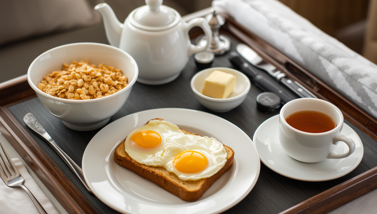 American breakfast at Hotel Azulo Inn — eggs on toast, cereal, butter and tea on a wooden tray