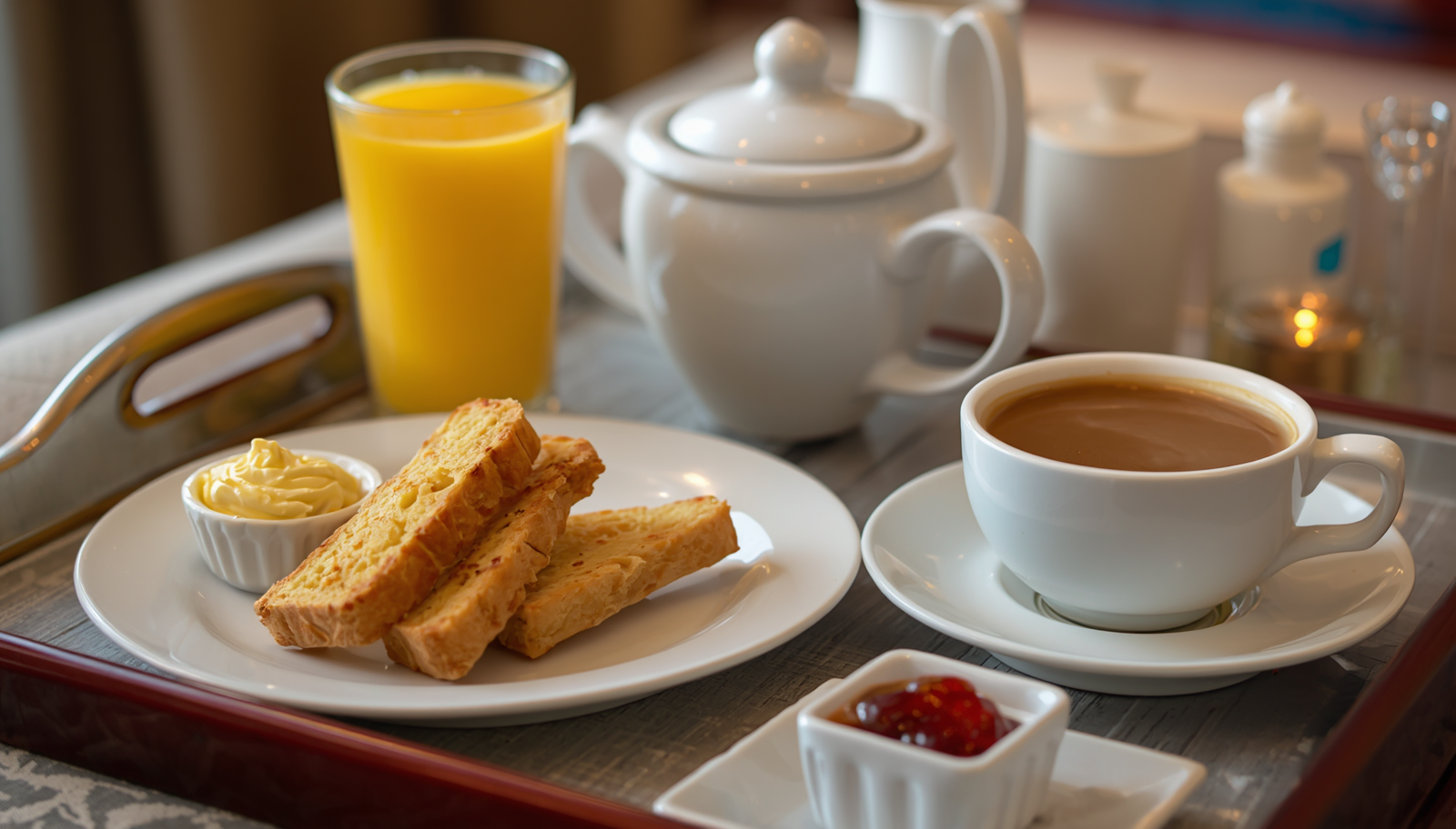 Continental breakfast at Hotel Azulo Inn — rusk, butter, jam, orange juice and coffee