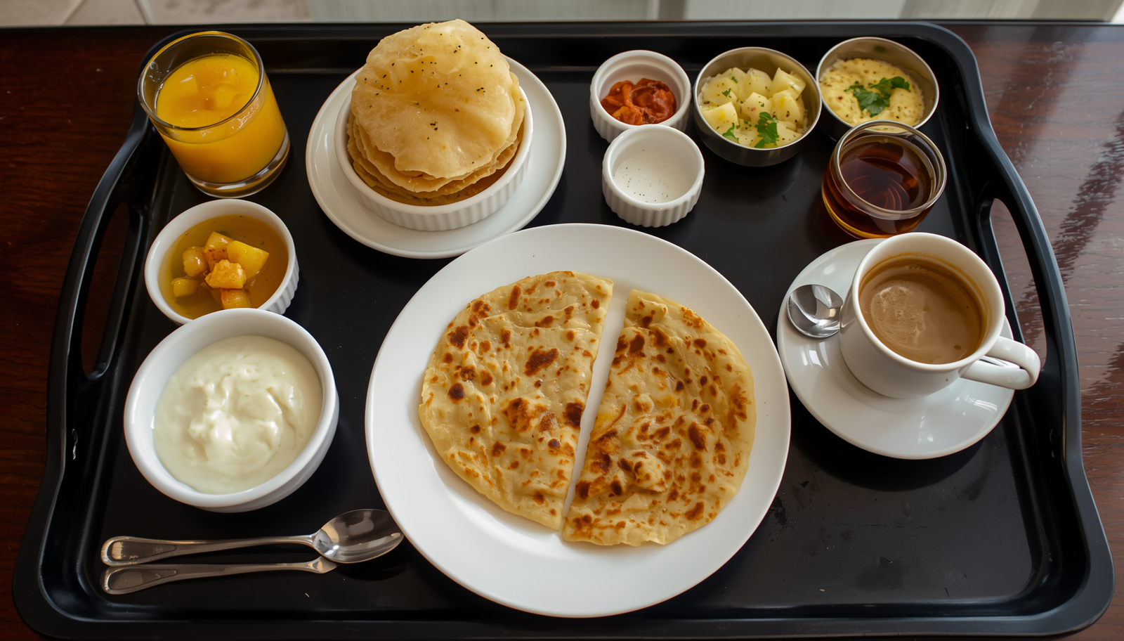 Indian breakfast at Hotel Azulo Inn — paratha, papad, curd, juice and chai served in-room