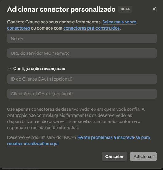 Tela do Claude para adicionar conector personalizado